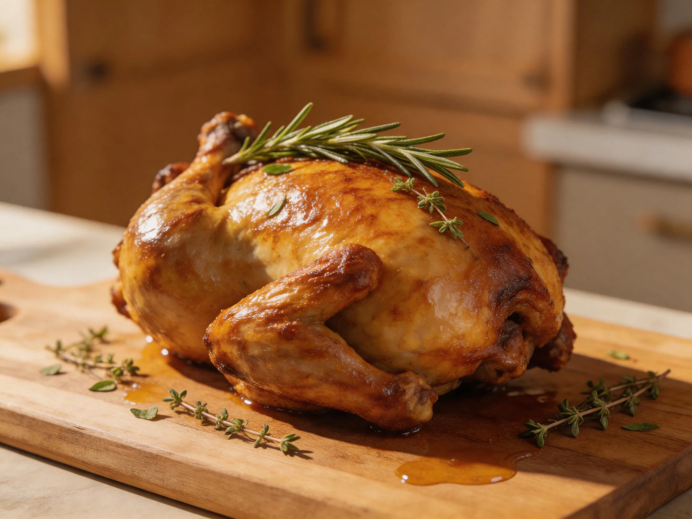 A golden-brown roasted chicken garnished with fresh rosemary and thyme
