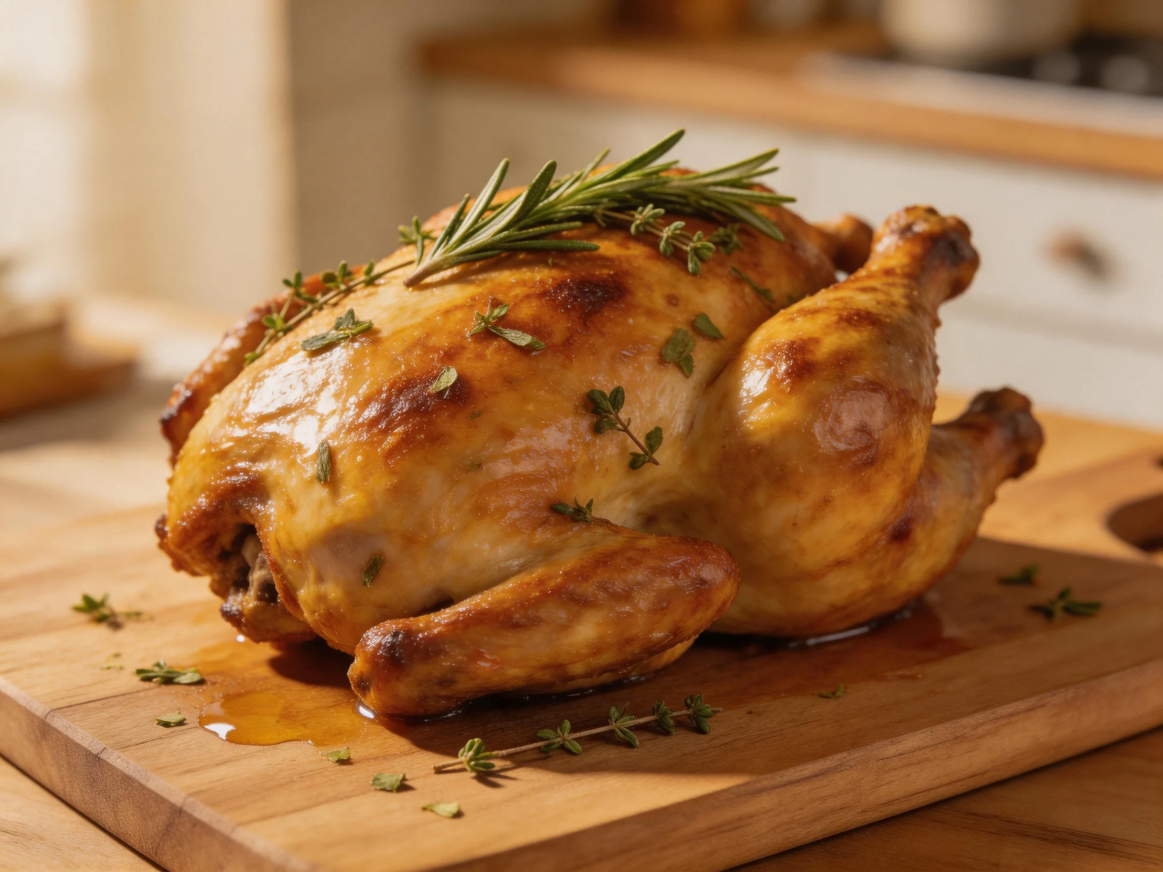 A golden-brown roasted chicken garnished with fresh rosemary and thyme