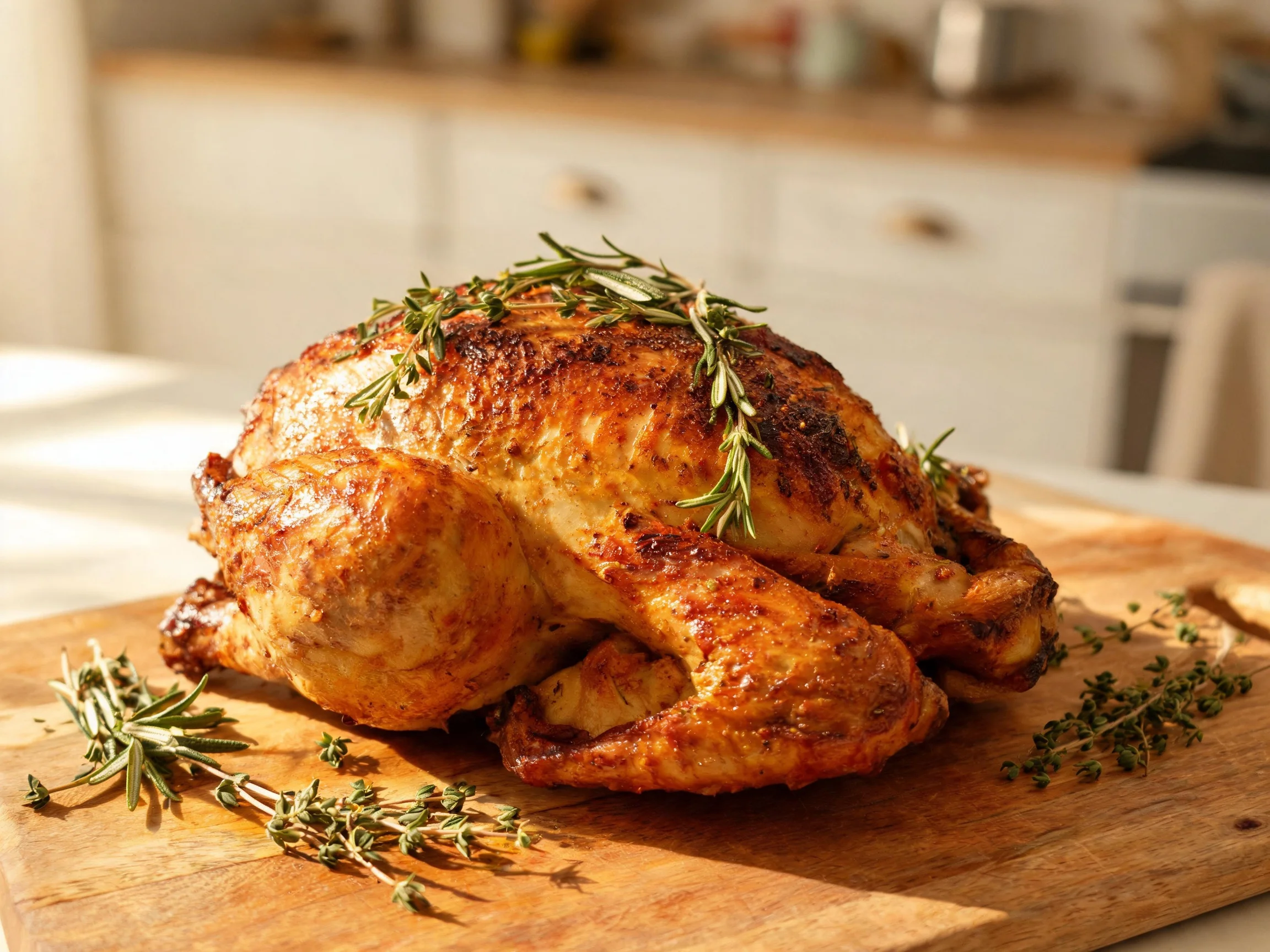 A golden-brown roasted chicken garnished with fresh rosemary and thyme