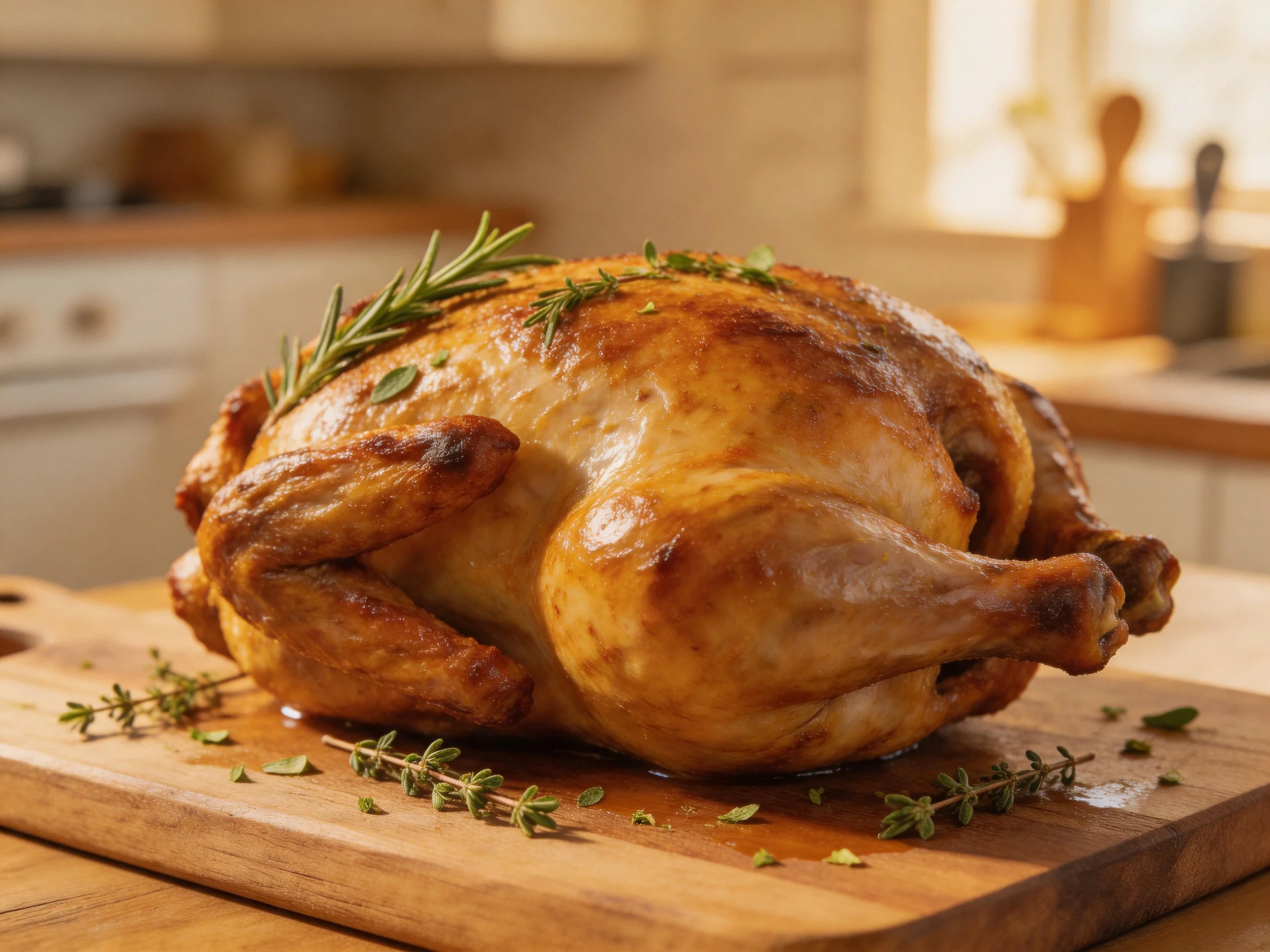 A golden-brown roasted chicken garnished with fresh rosemary and thyme