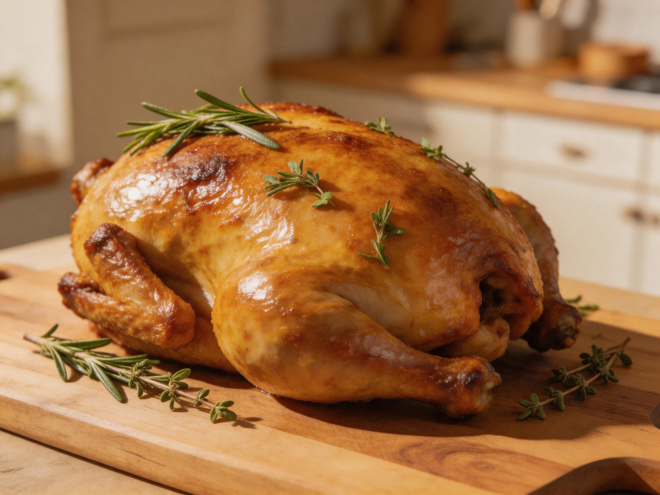 A golden-brown roasted chicken garnished with fresh rosemary and thyme