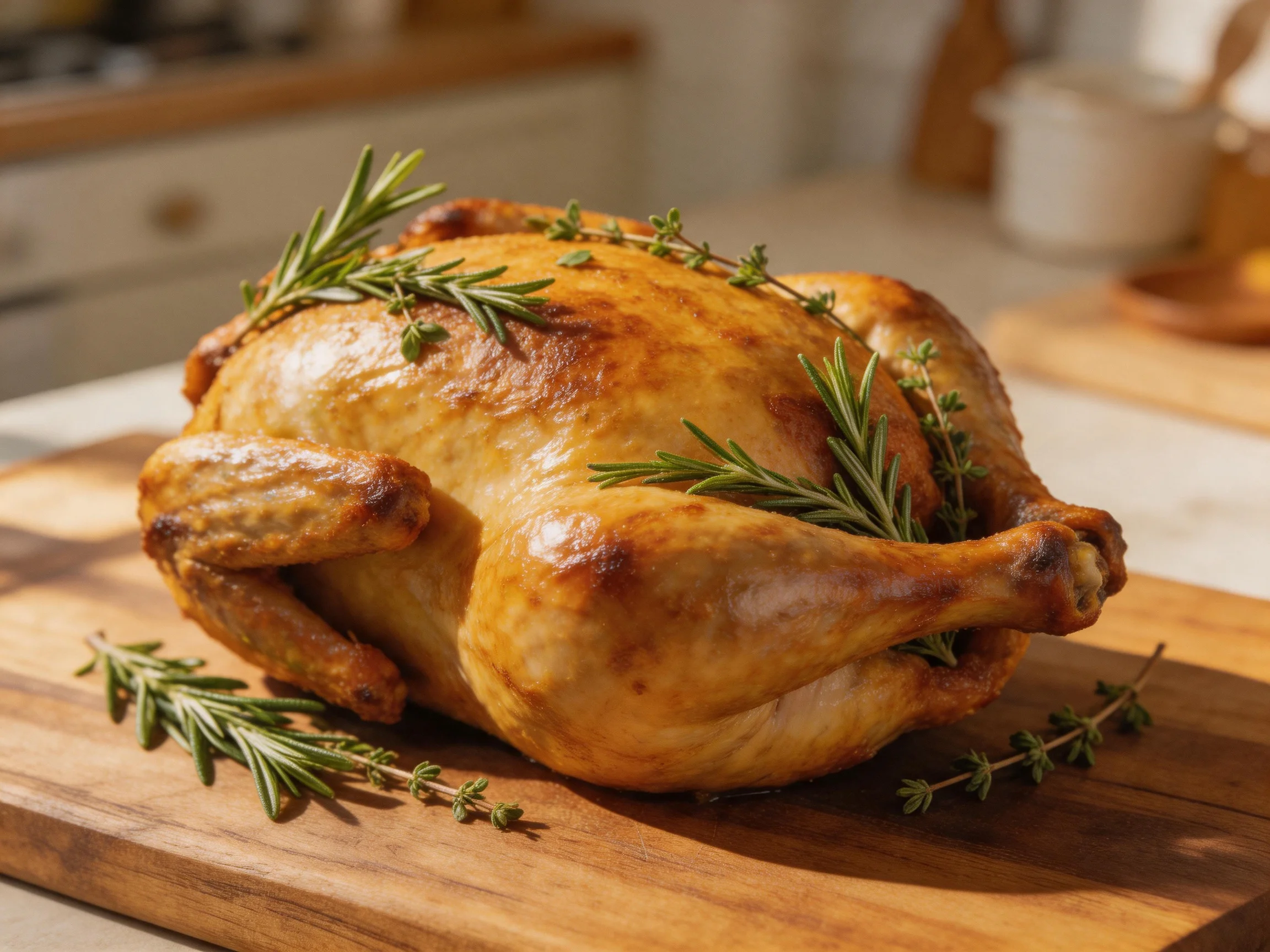 A golden-brown roasted chicken garnished with fresh rosemary and thyme