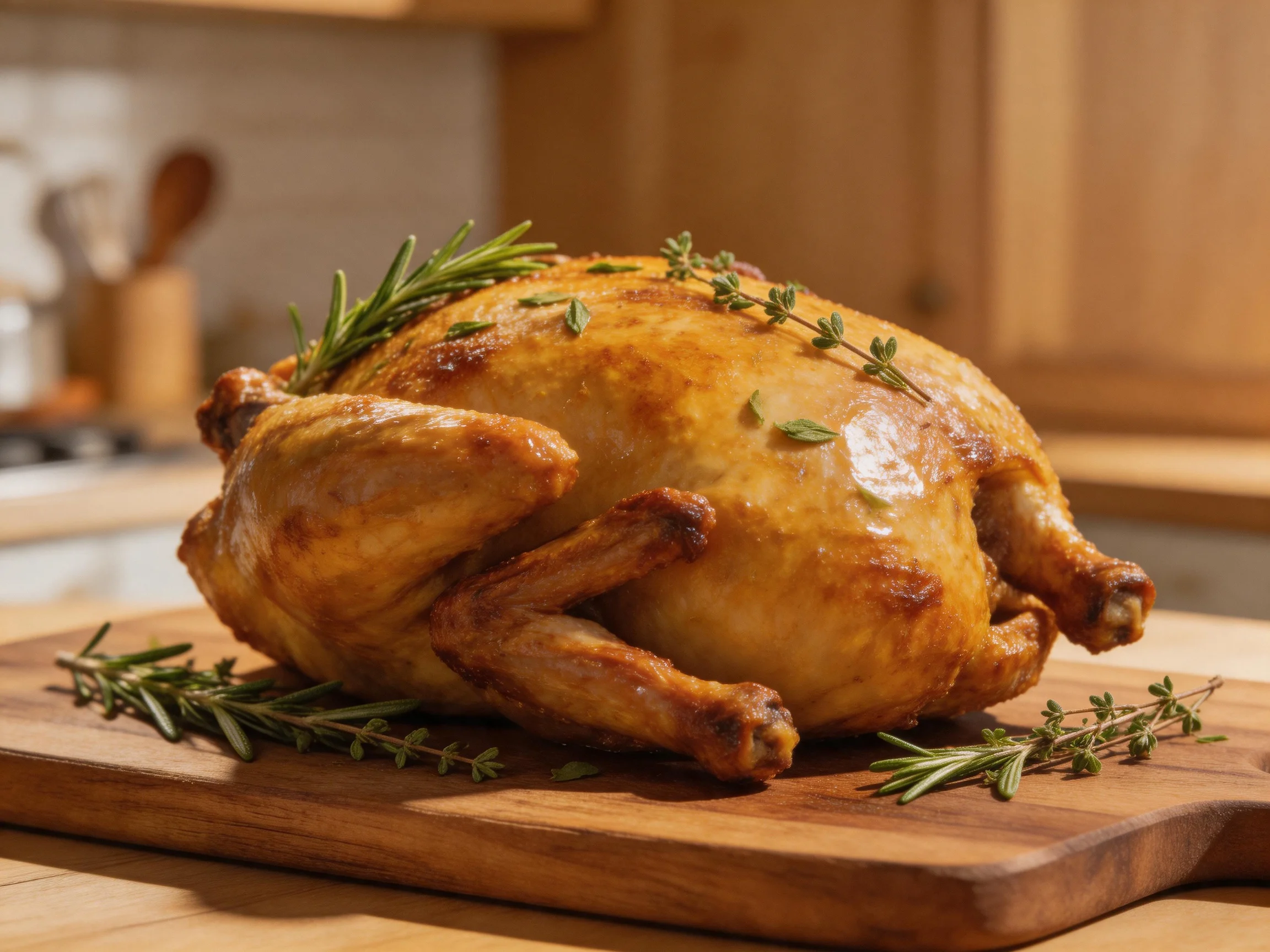 A golden-brown roasted chicken garnished with fresh rosemary and thyme