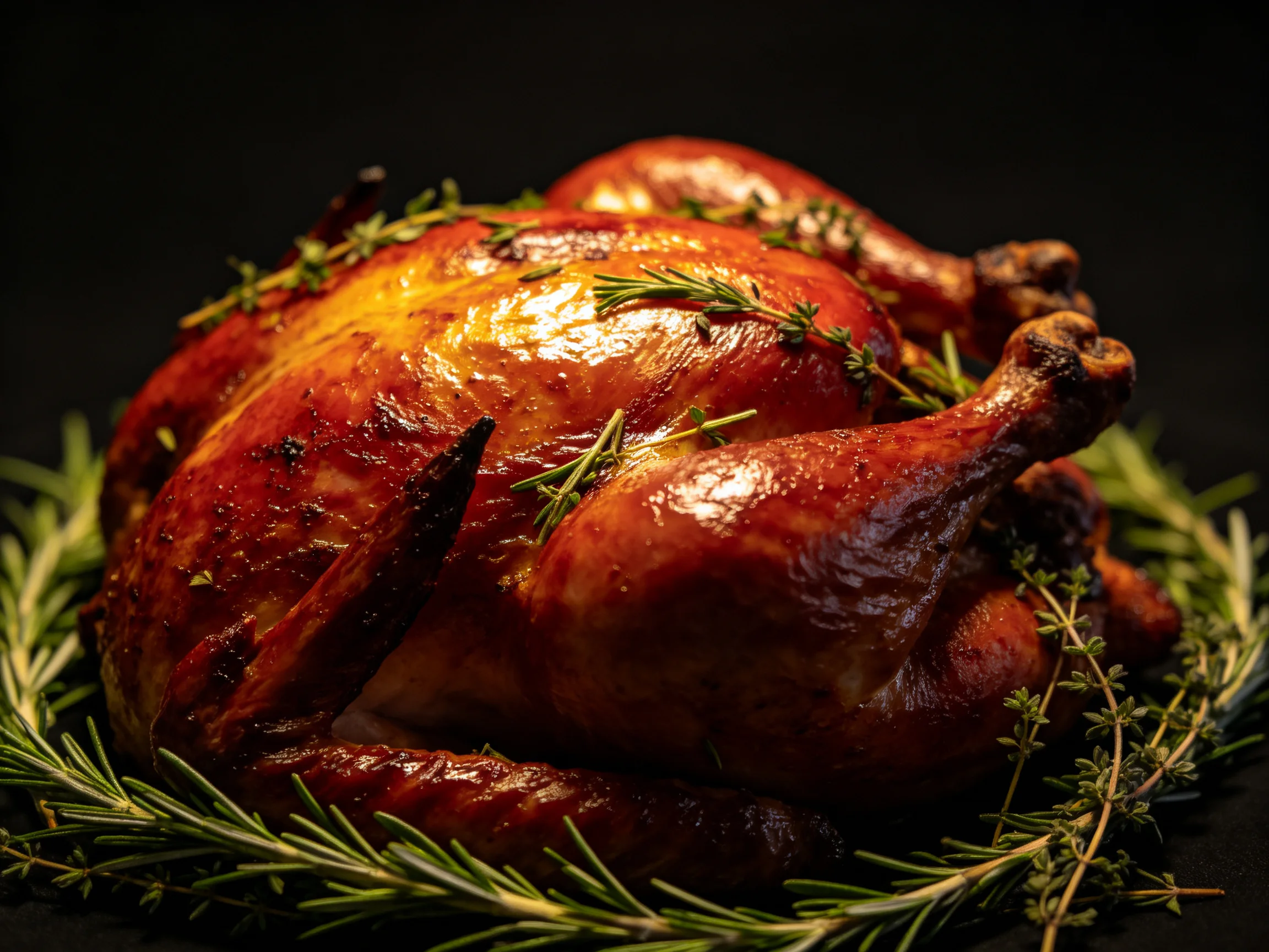 A golden-brown roasted chicken is garnished with fresh herbs against a dark backdrop.