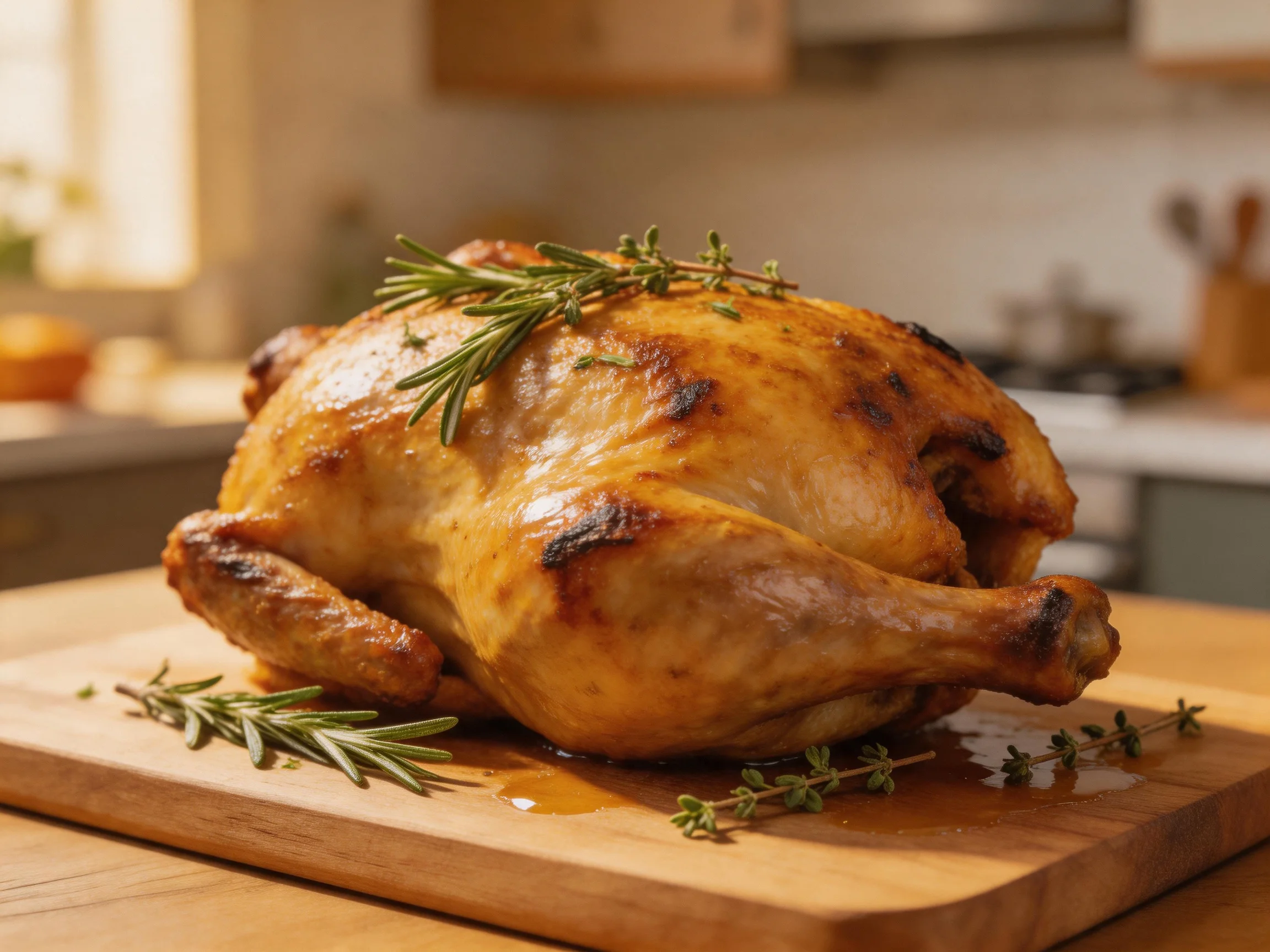 A golden-brown roasted chicken garnished with fresh rosemary and thyme