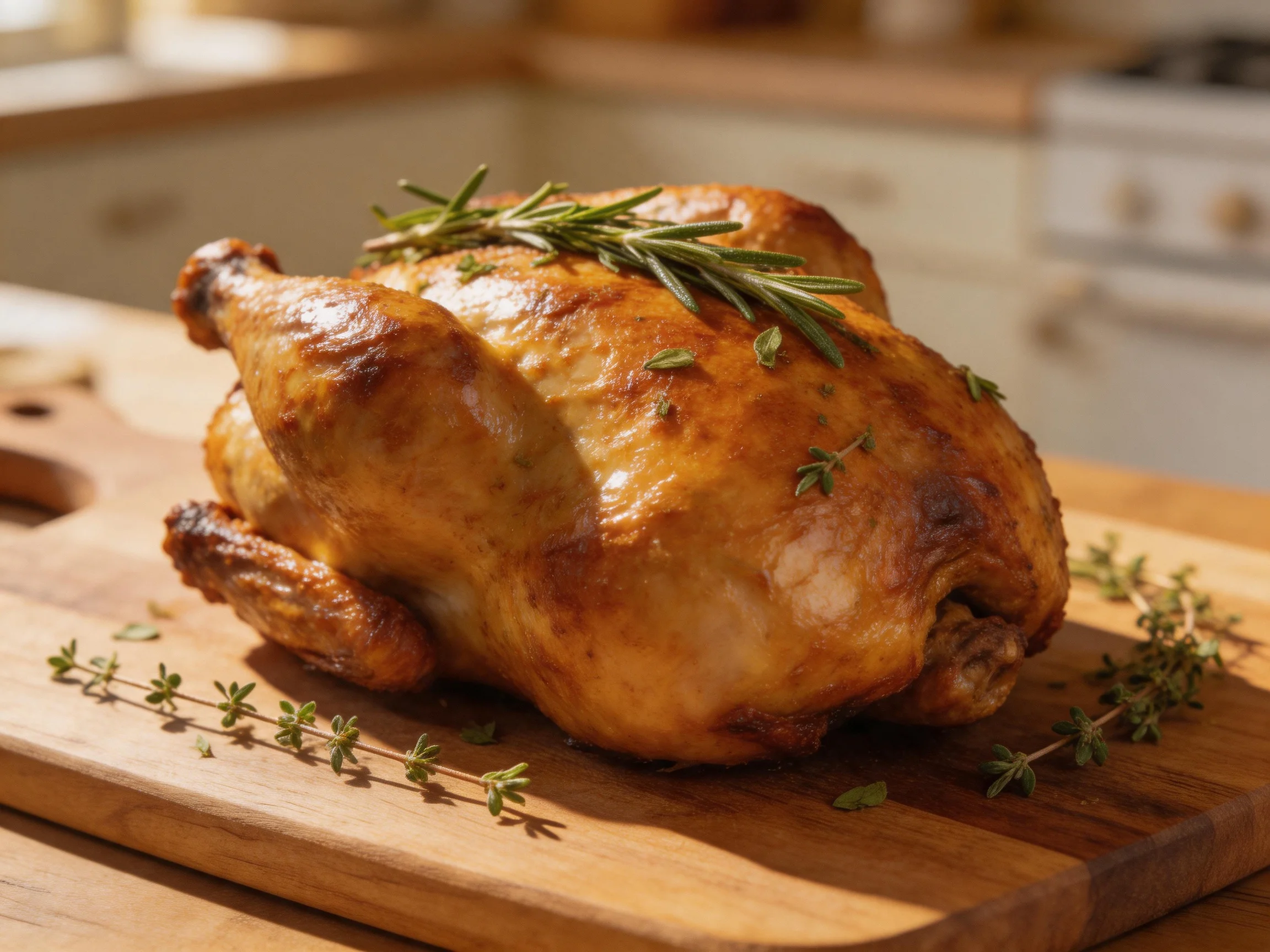 A golden-brown roasted chicken garnished with fresh rosemary and thyme
