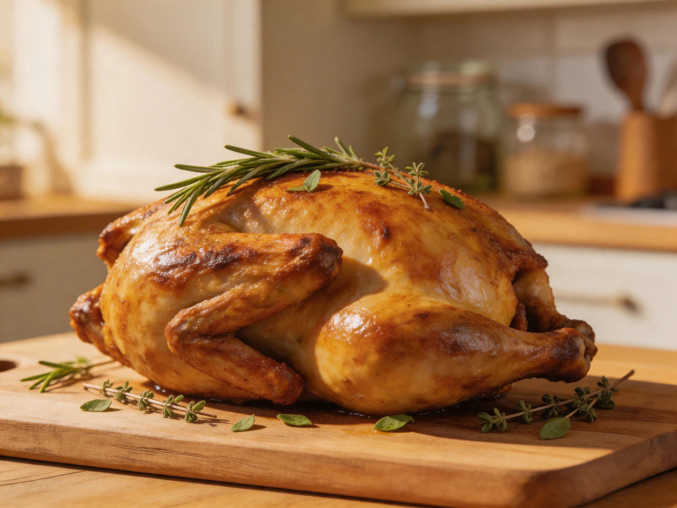 A golden-brown roasted chicken garnished with fresh rosemary and thyme