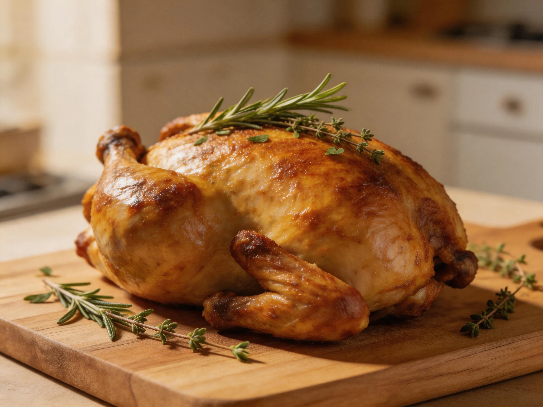 A golden-brown roasted chicken garnished with fresh rosemary and thyme on a wooden board