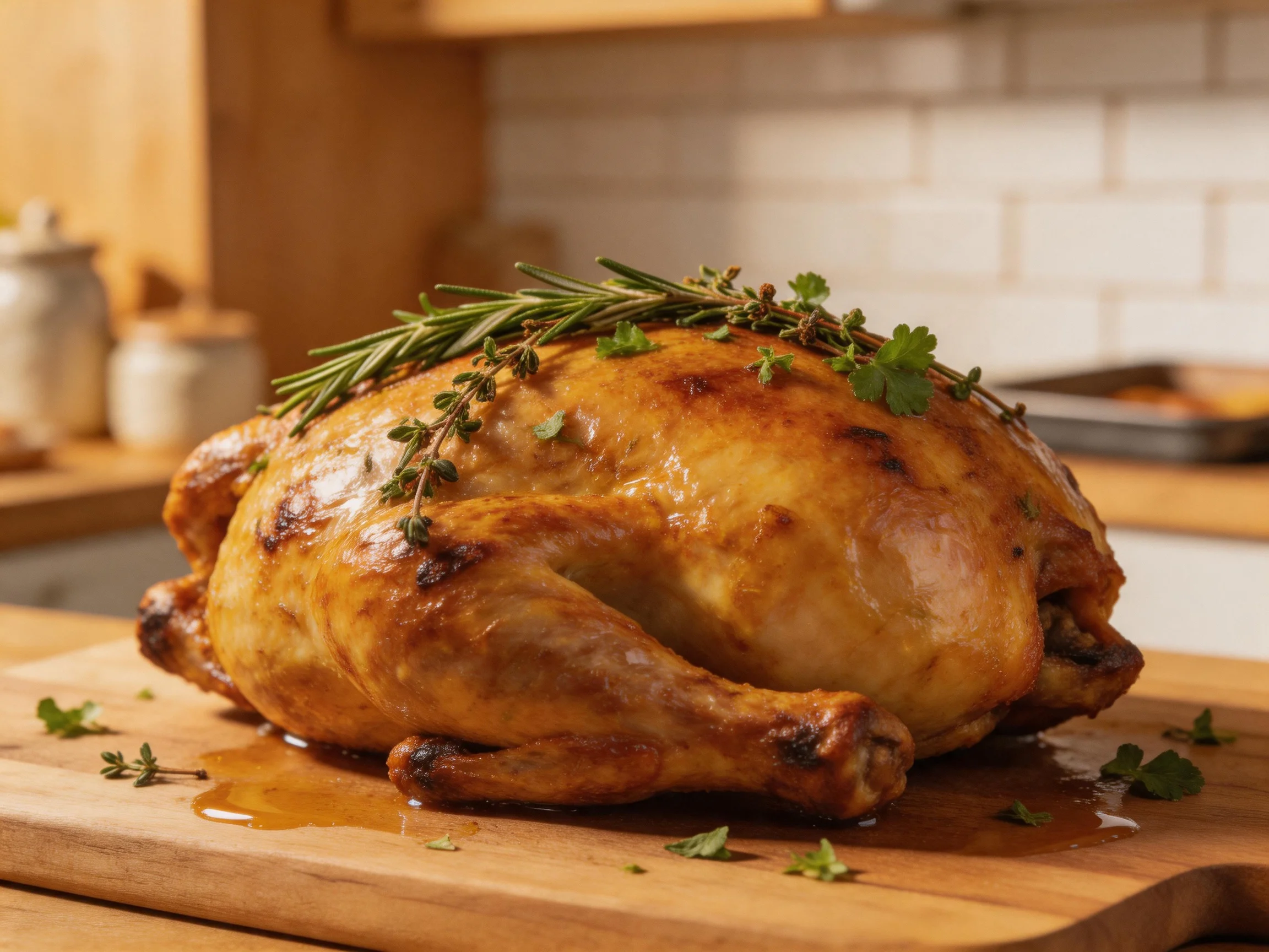 A golden-brown roasted chicken garnished with fresh rosemary and thyme on a wooden cutting board