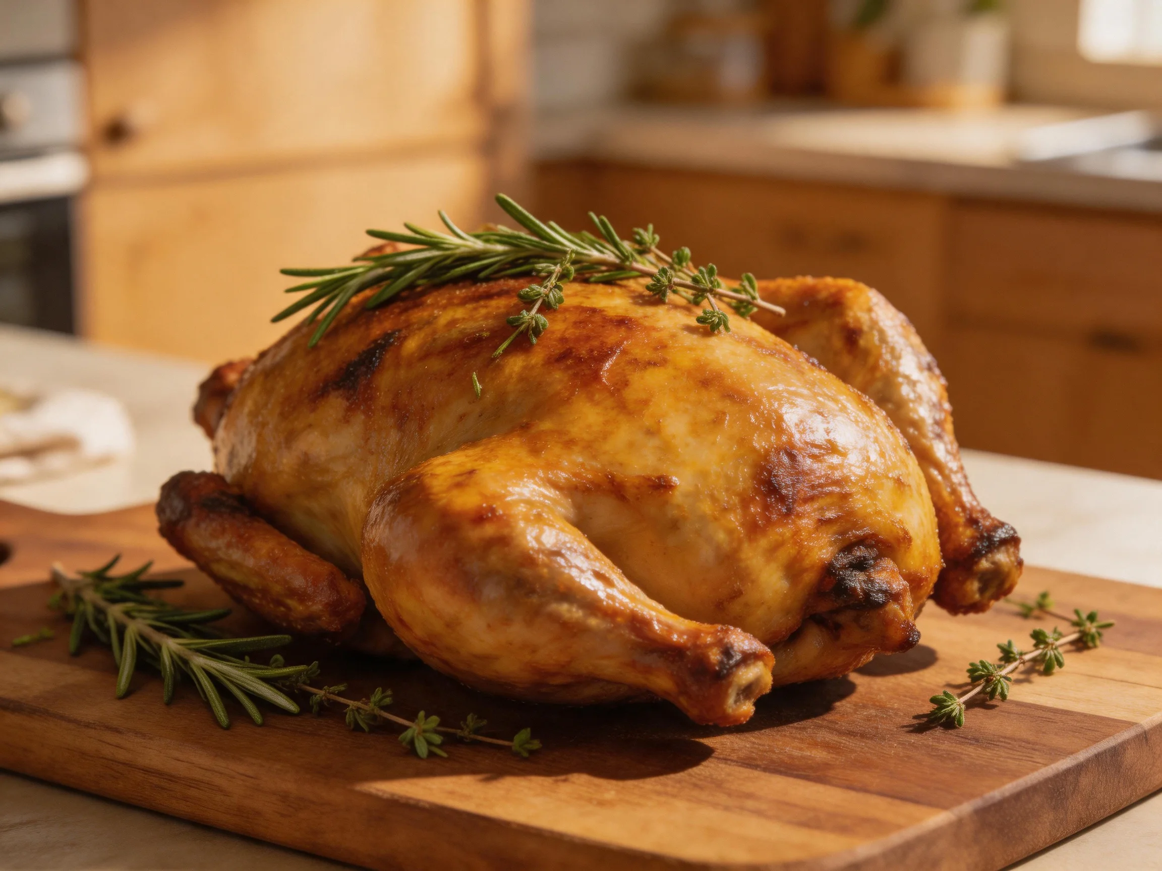 A golden-brown roasted chicken garnished with fresh rosemary and thyme on a wooden cutting board