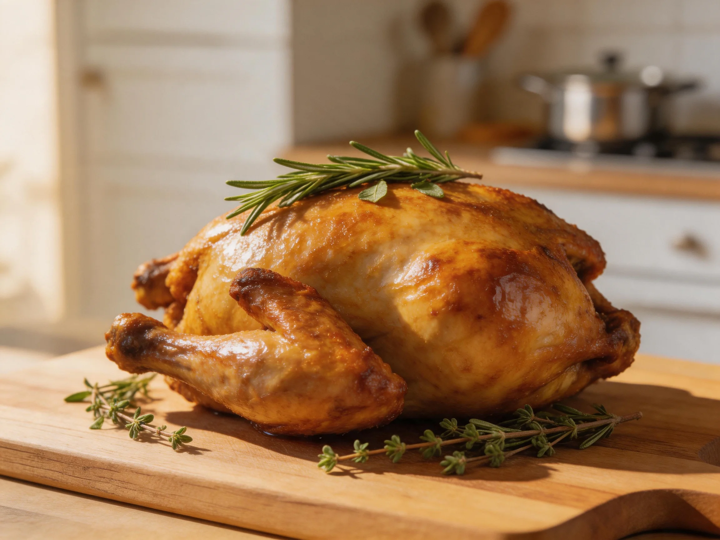 A golden-brown roasted chicken garnished with fresh rosemary and thyme on a wooden cutting board