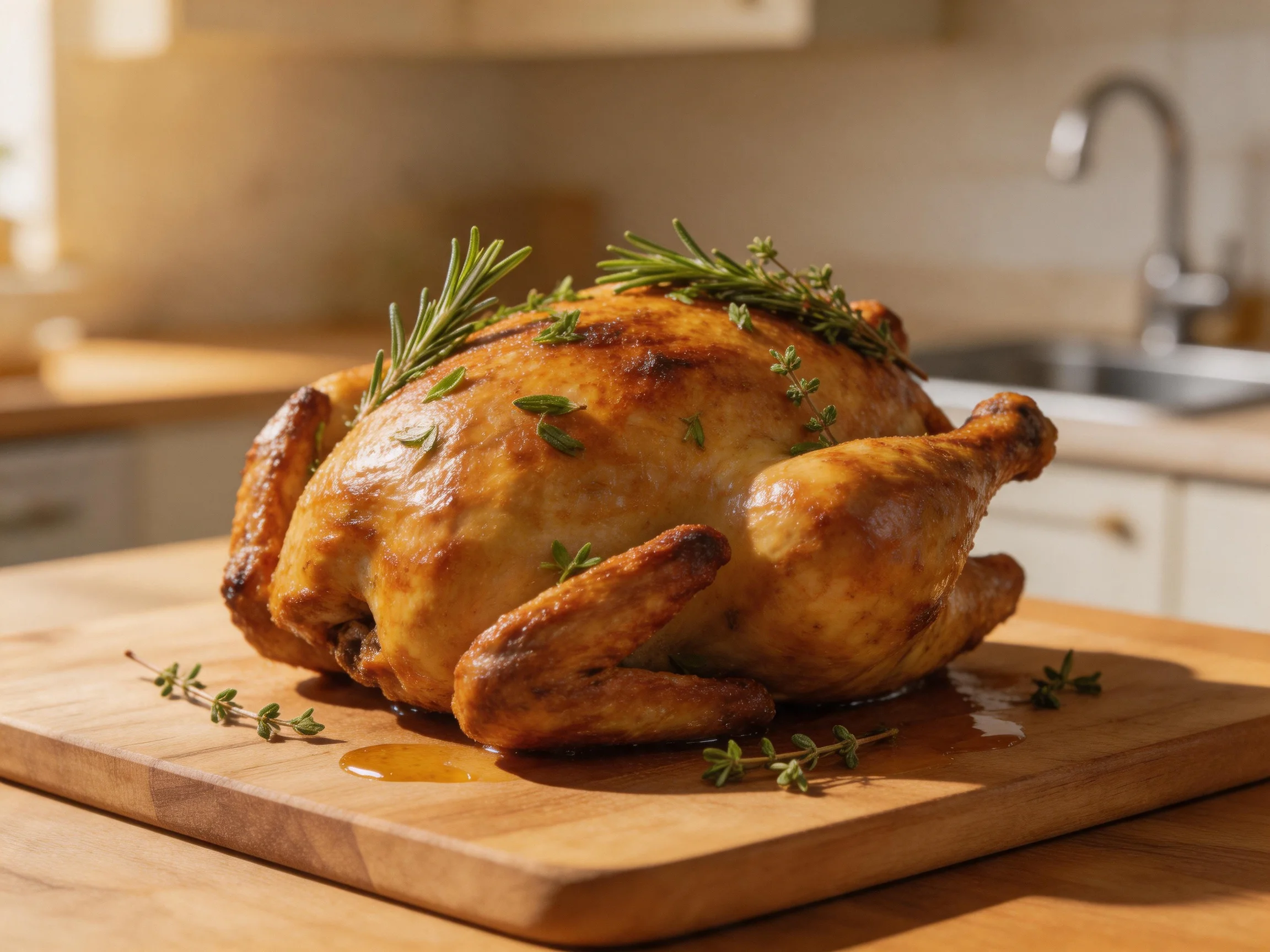 A golden-brown roasted chicken garnished with fresh rosemary and thyme on a wooden cutting board