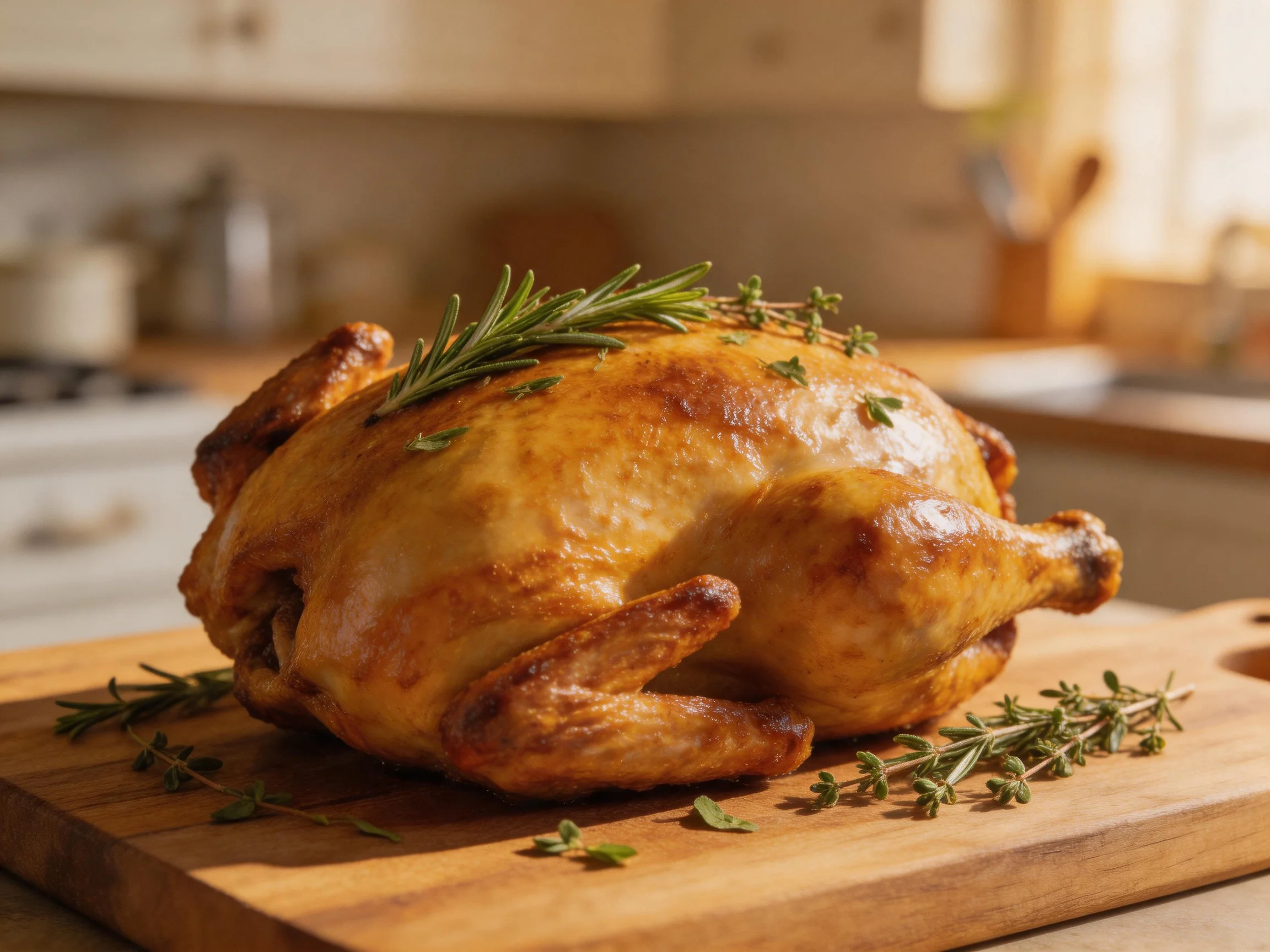A golden-brown roasted chicken is presented on a wooden cutting board in a warmly lit kitchen.