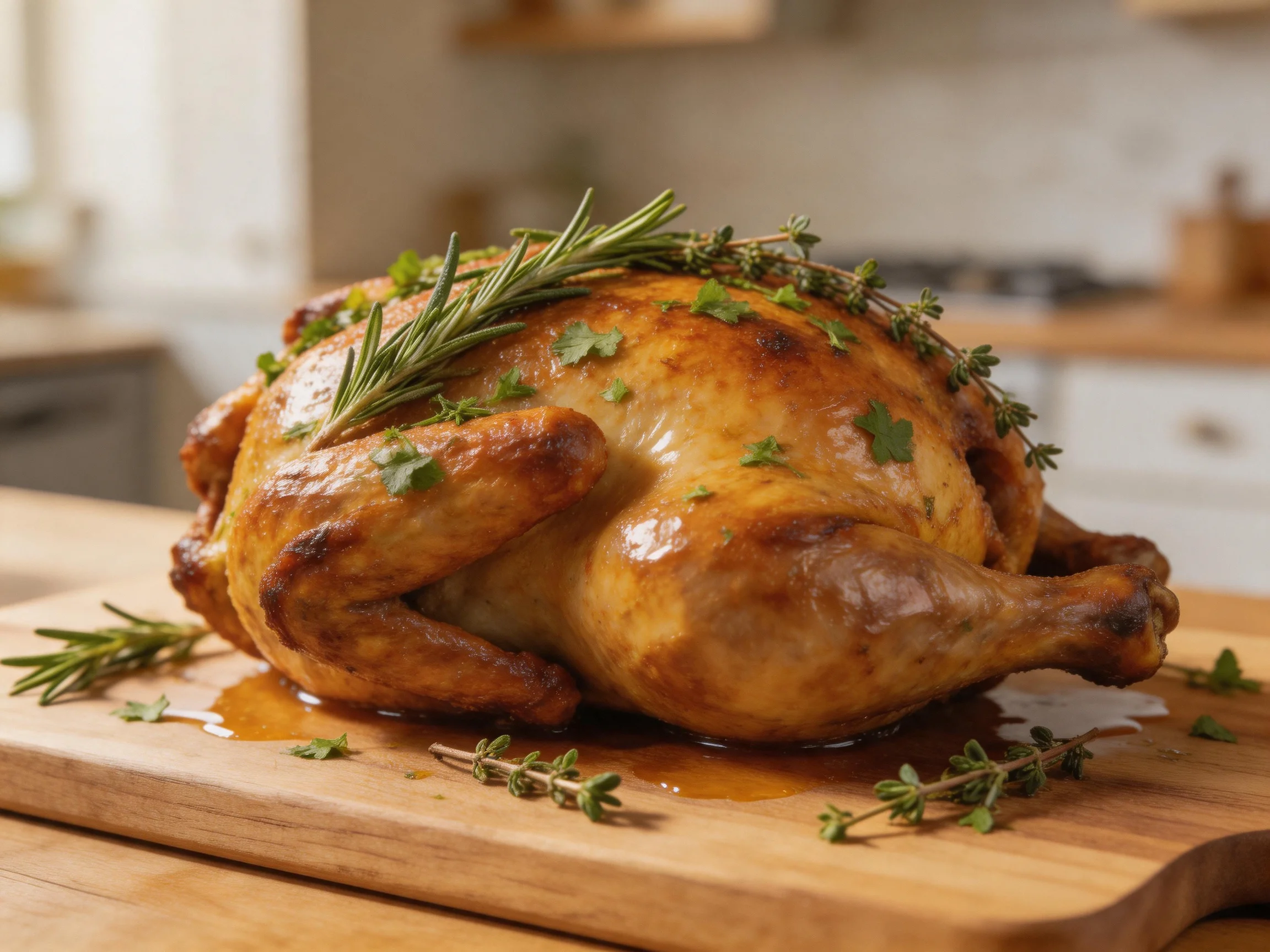 A golden-brown roasted chicken garnished with fresh rosemary and thyme