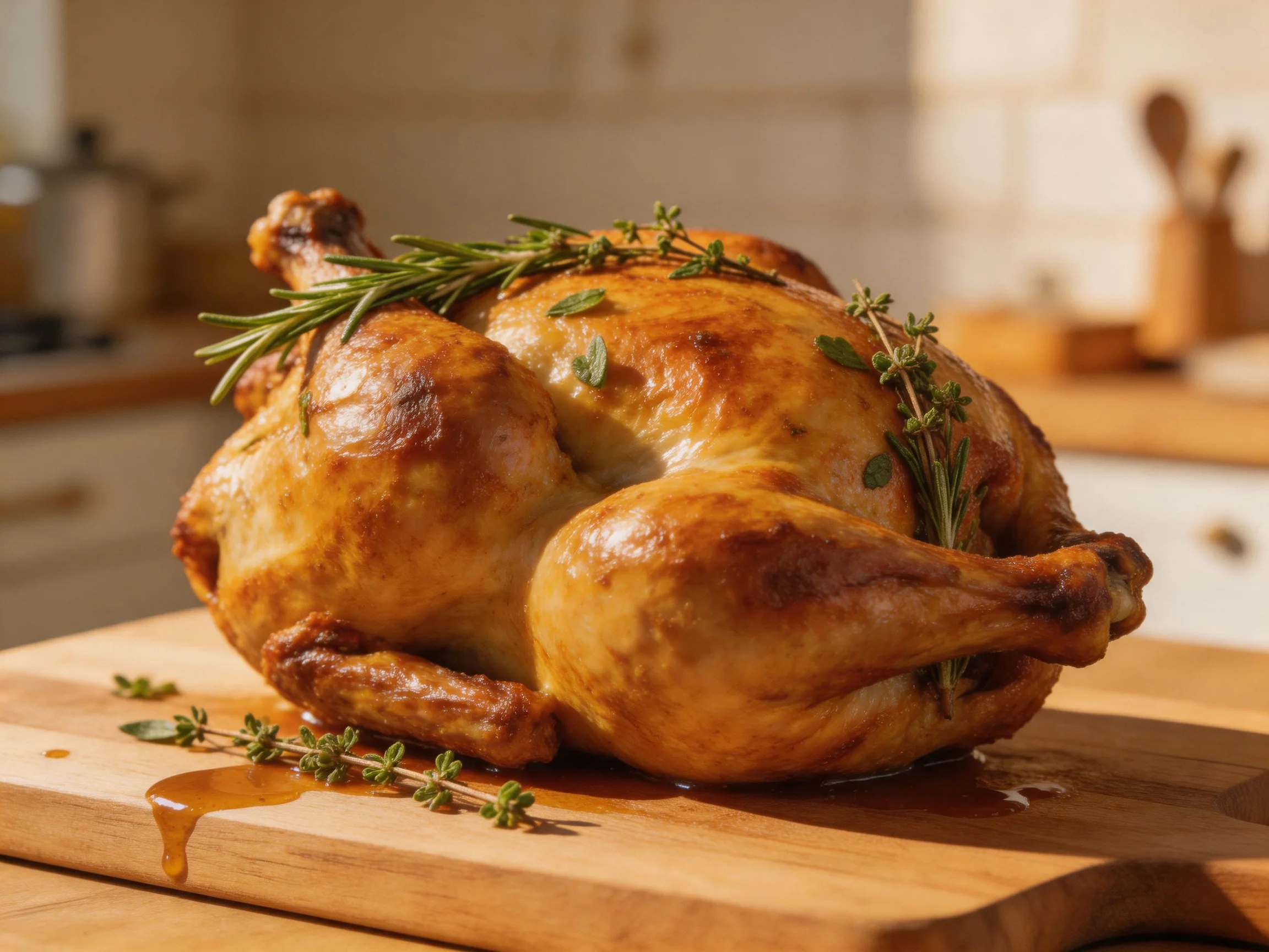 A golden-brown roasted chicken garnished with fresh rosemary and thyme