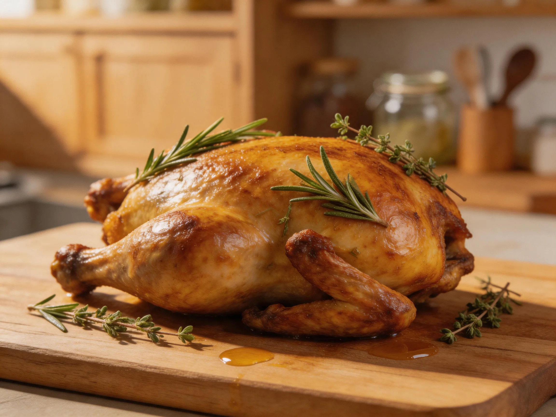 A golden-brown roasted chicken garnished with fresh rosemary and thyme