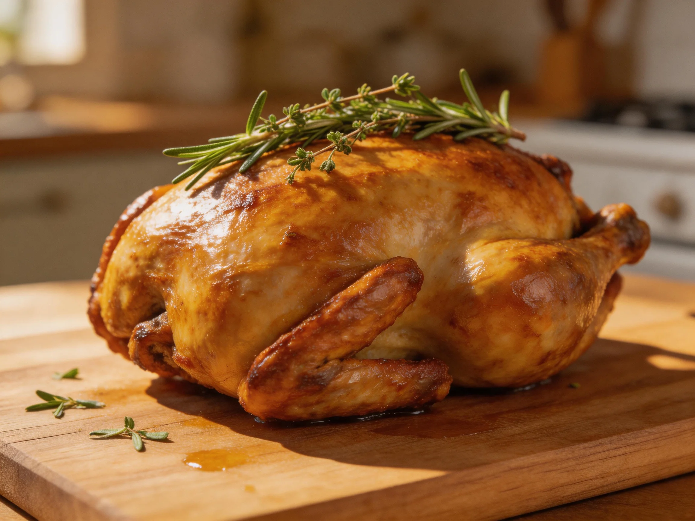 A golden-brown roasted chicken garnished with fresh rosemary on a wooden cutting board