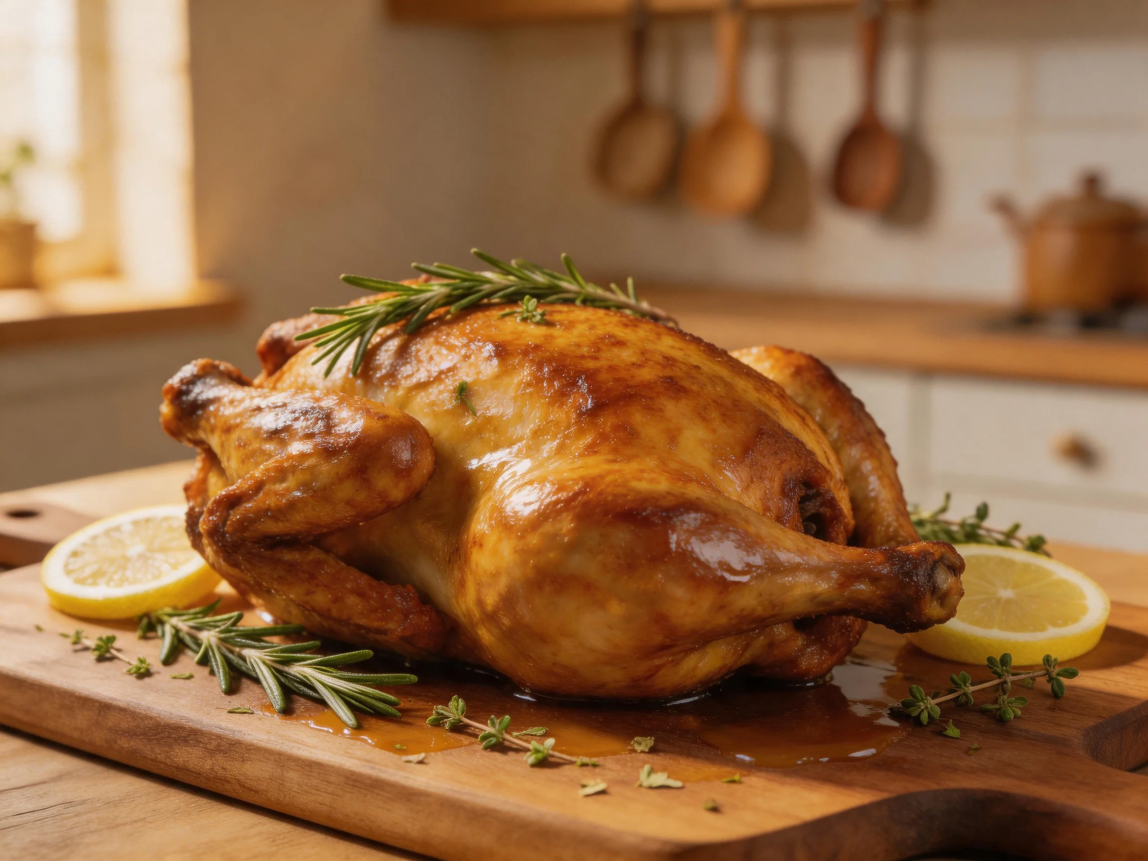 A golden-brown roasted chicken garnished with herbs and lemon slices on a wooden cutting board