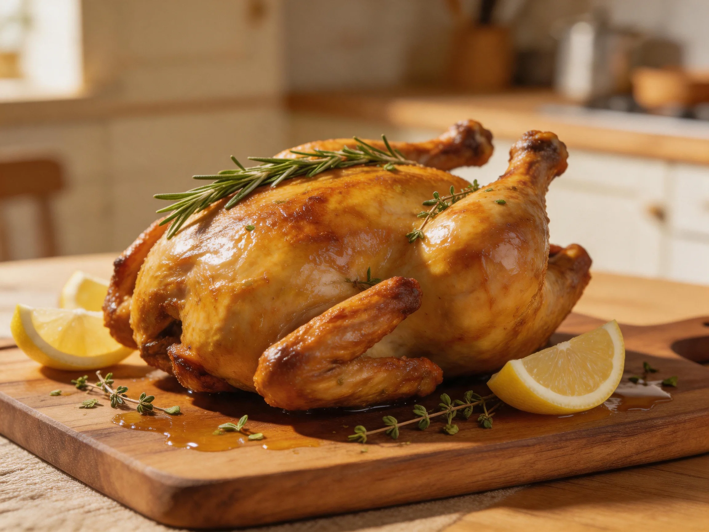 A golden-brown roasted chicken garnished with herbs and lemon wedges