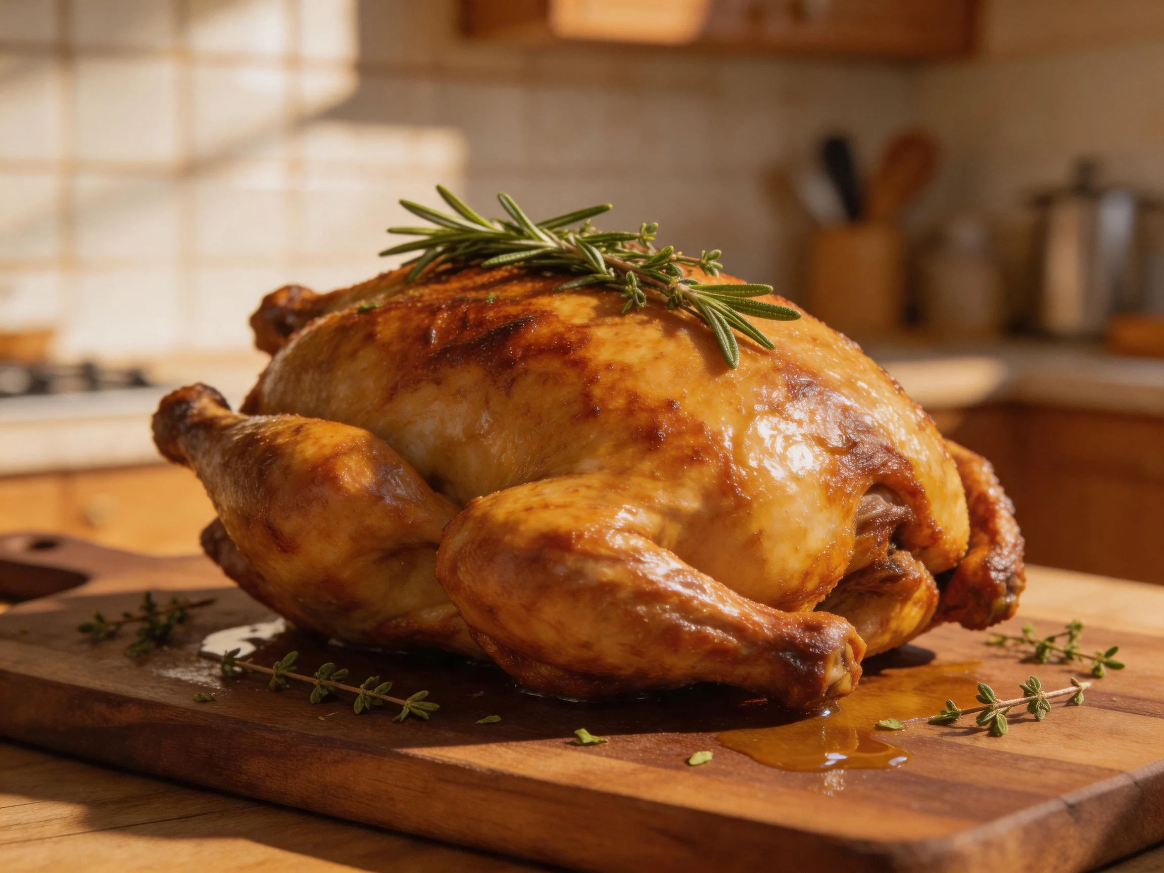 A golden-brown roasted chicken garnished with herbs on a wooden cutting board