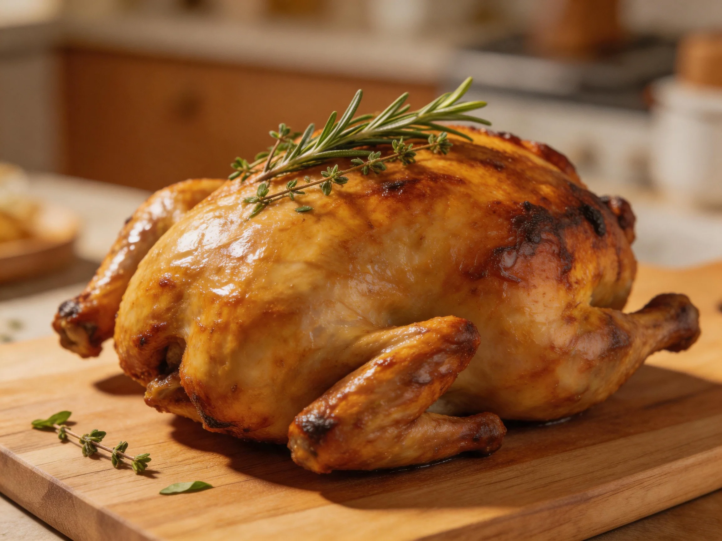 A golden-brown roasted chicken garnished with herbs on a wooden cutting board