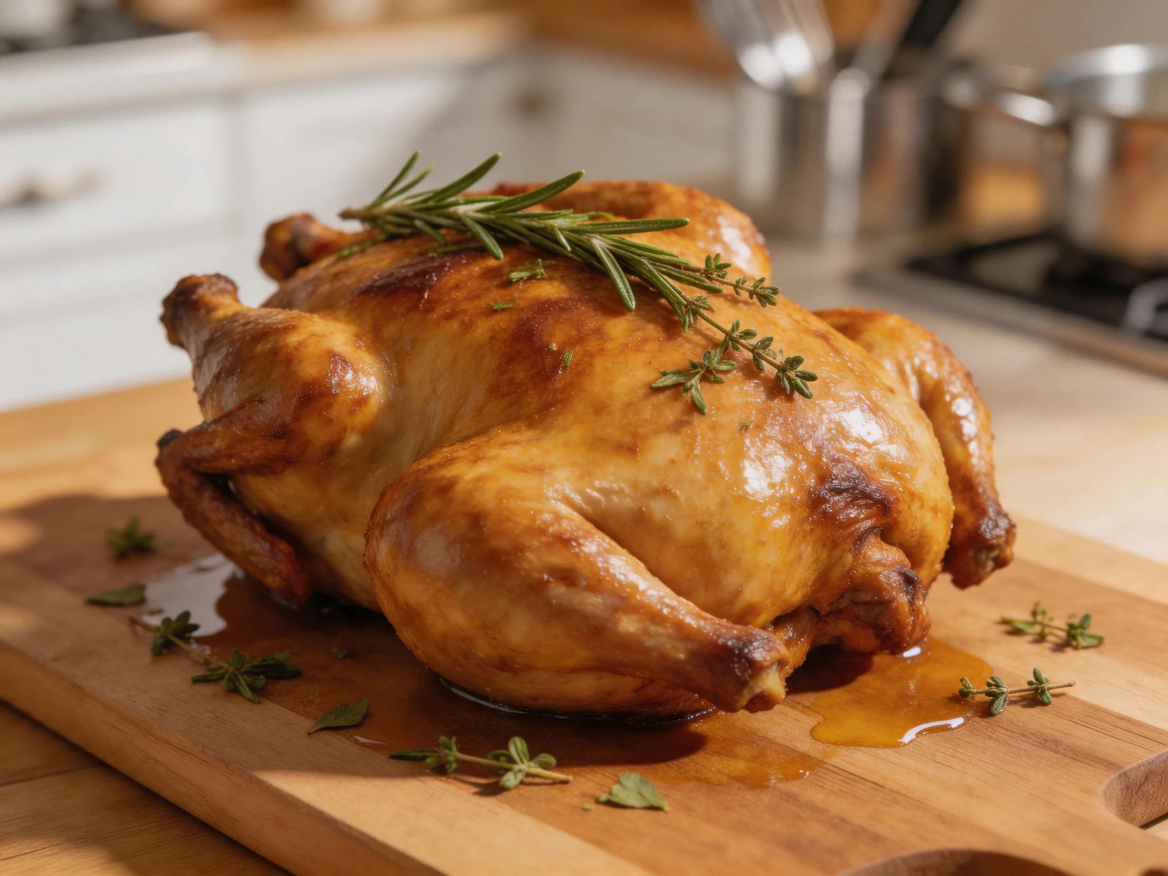 A golden-brown roasted chicken garnished with herbs on a wooden cutting board