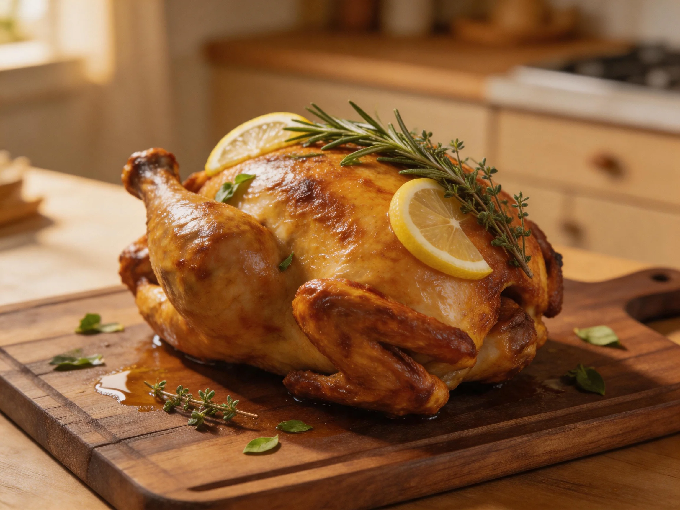 A golden-brown roasted chicken garnished with lemon slices and fresh herbs