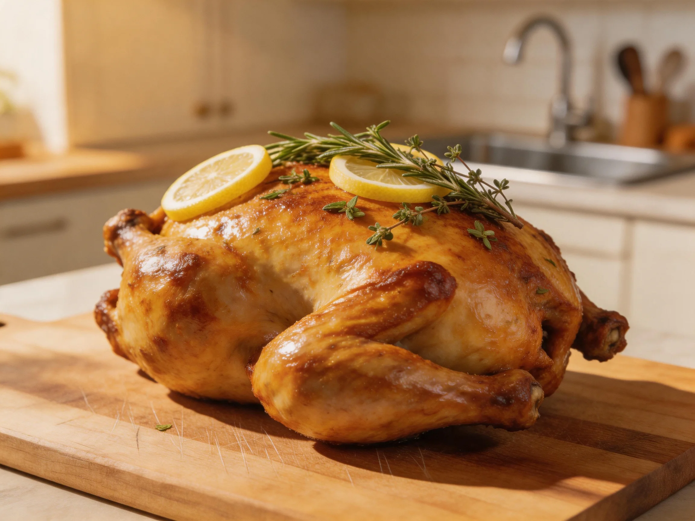 A golden-brown roasted chicken garnished with lemon slices and fresh herbs