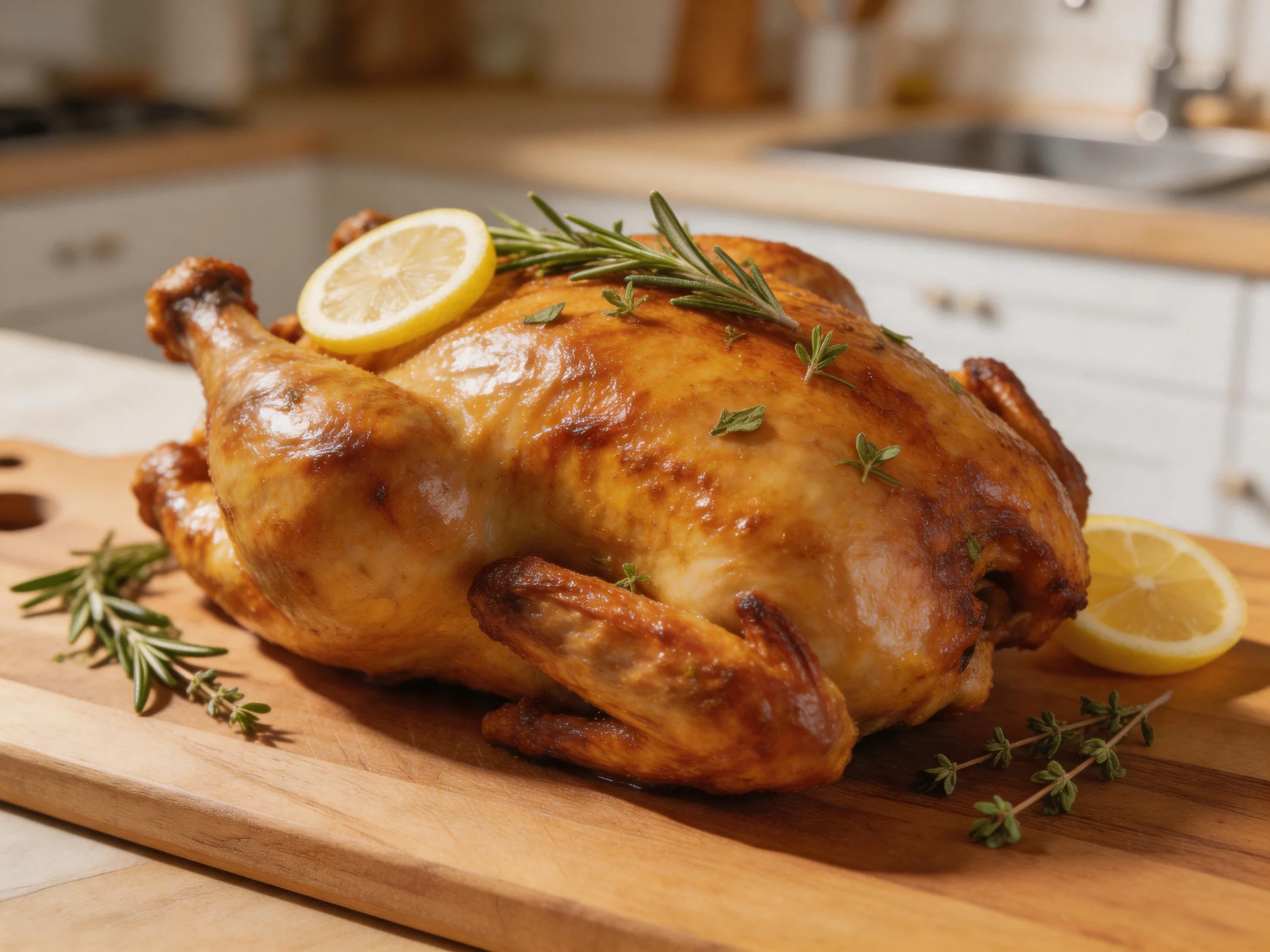 A golden-brown roasted chicken garnished with lemon slices and fresh herbs