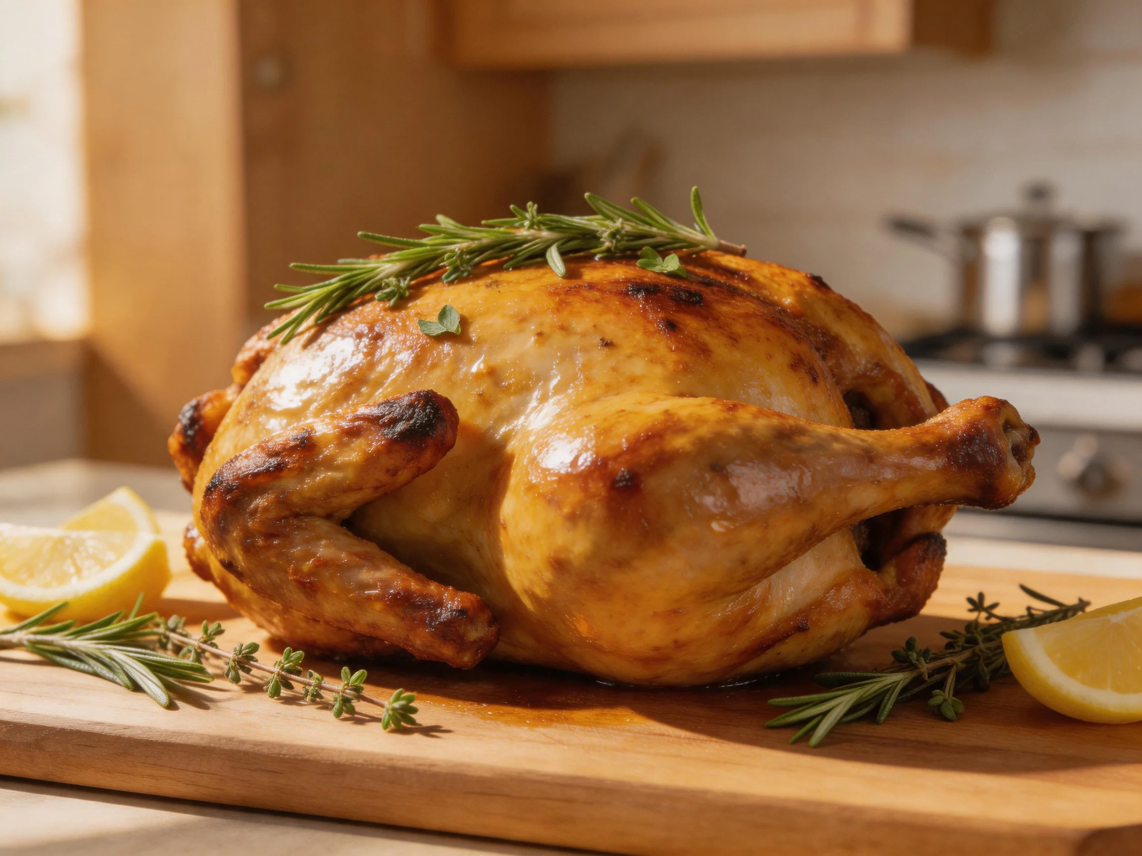 A golden-brown roasted chicken garnished with rosemary and lemon slices