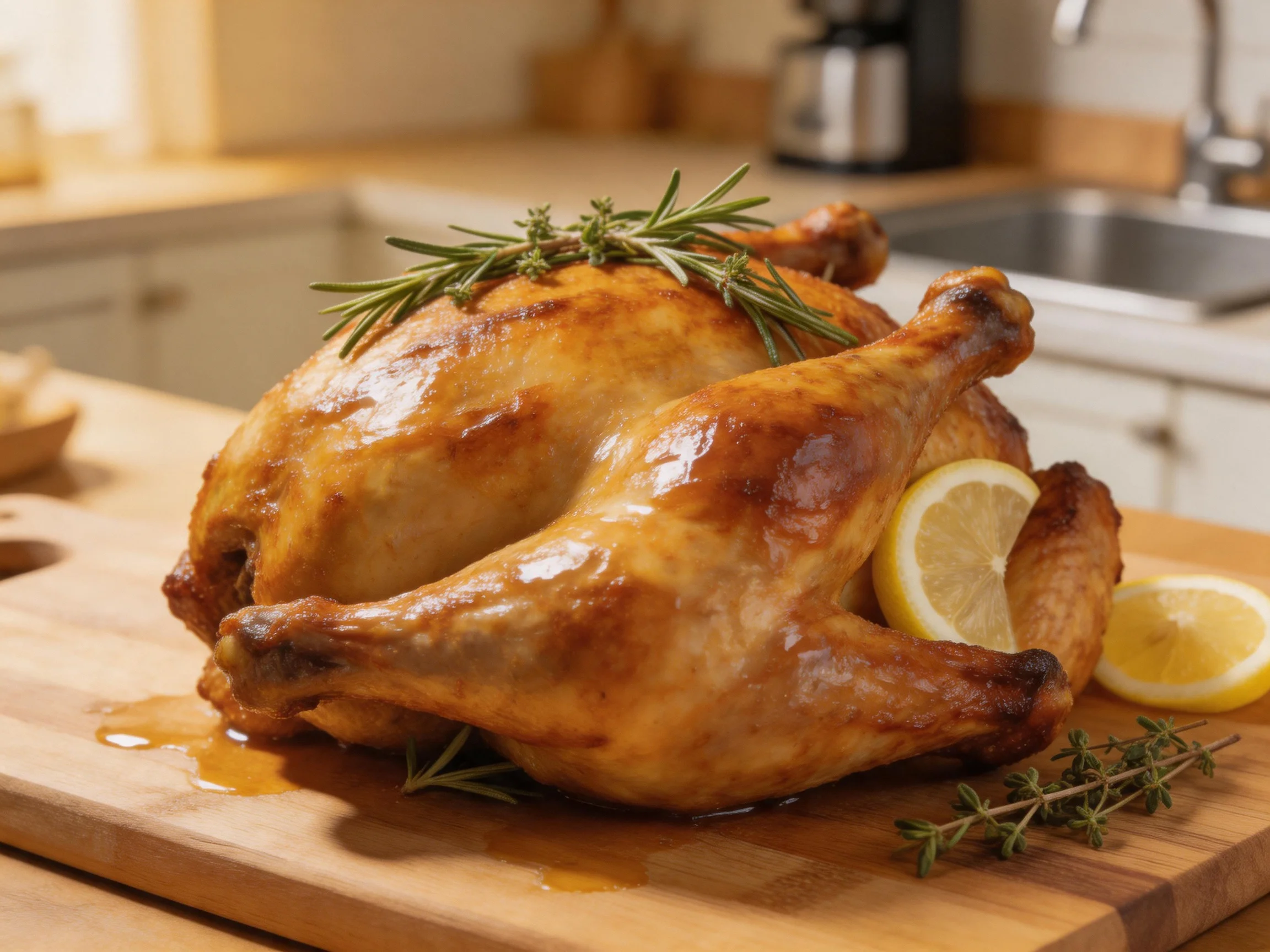 A golden-brown roasted chicken garnished with rosemary and lemon wedges