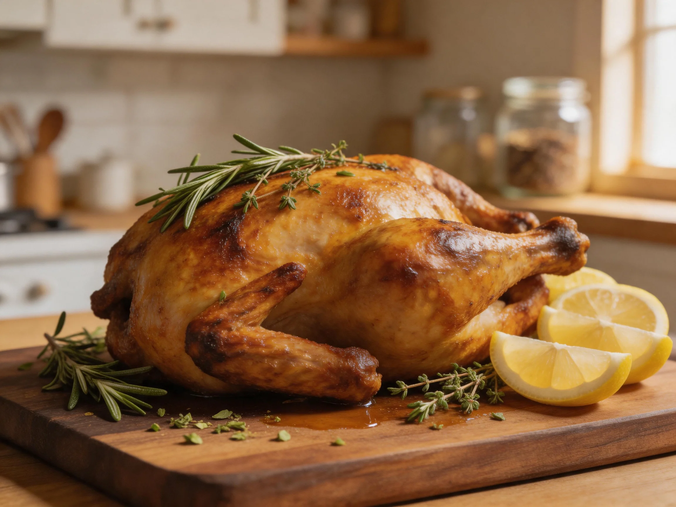 A golden-brown roasted chicken garnished with rosemary and thyme beside lemon wedges