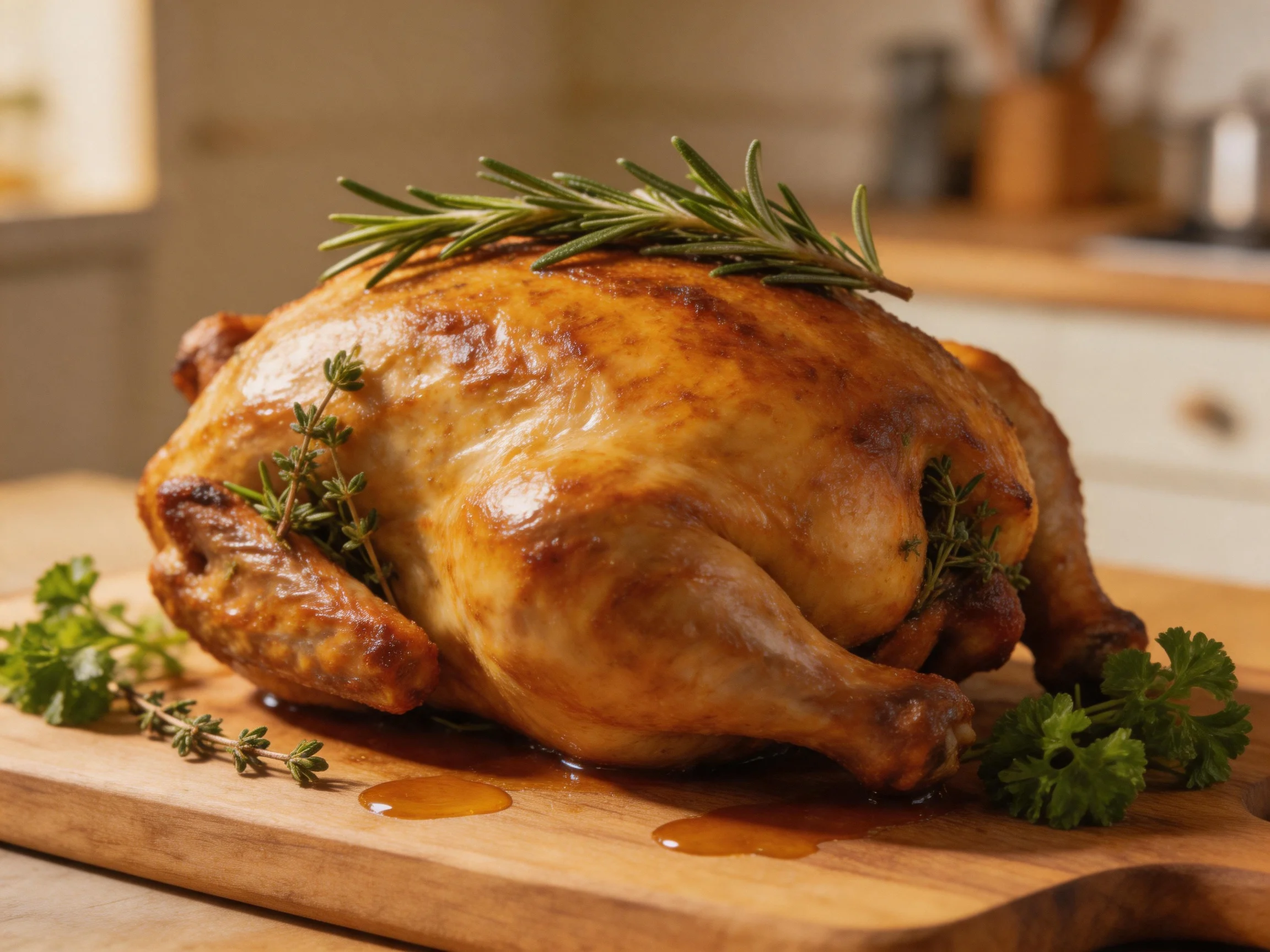 A golden-brown roasted chicken garnished with rosemary and thyme
