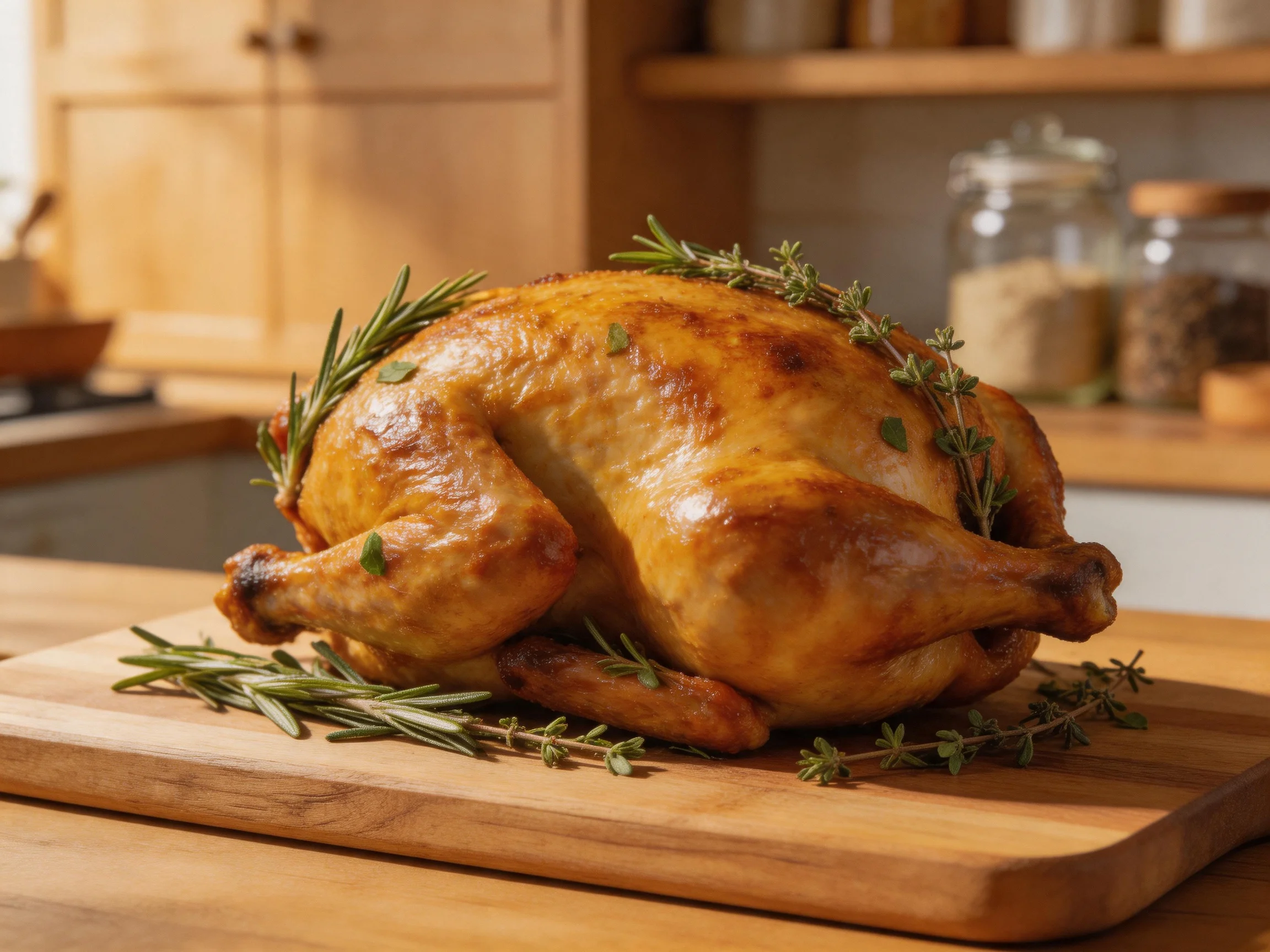 A golden-brown roasted chicken garnished with rosemary and thyme on a wooden board