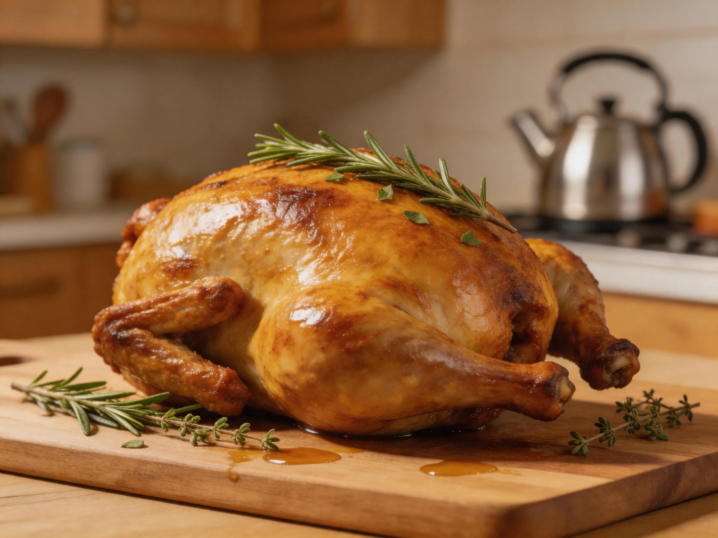 A golden-brown roasted chicken garnished with rosemary and thyme on a wooden cutting board