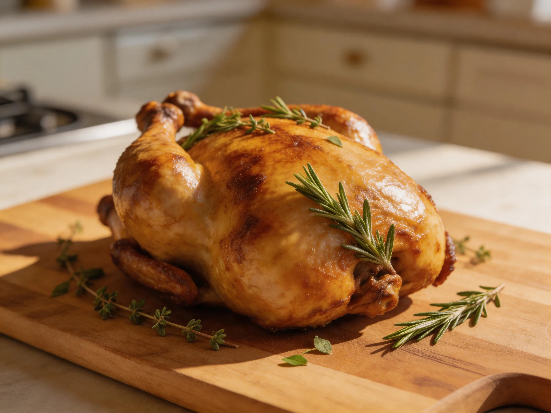 A golden-brown roasted chicken garnished with rosemary and thyme on a wooden cutting board