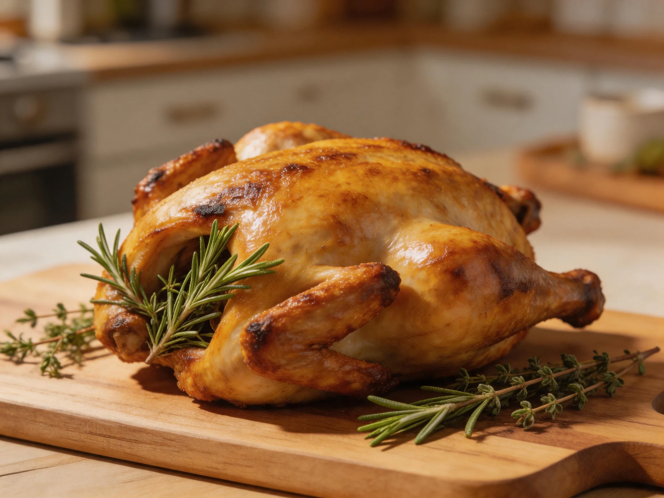 A golden-brown roasted chicken garnished with rosemary and thyme on a wooden cutting board