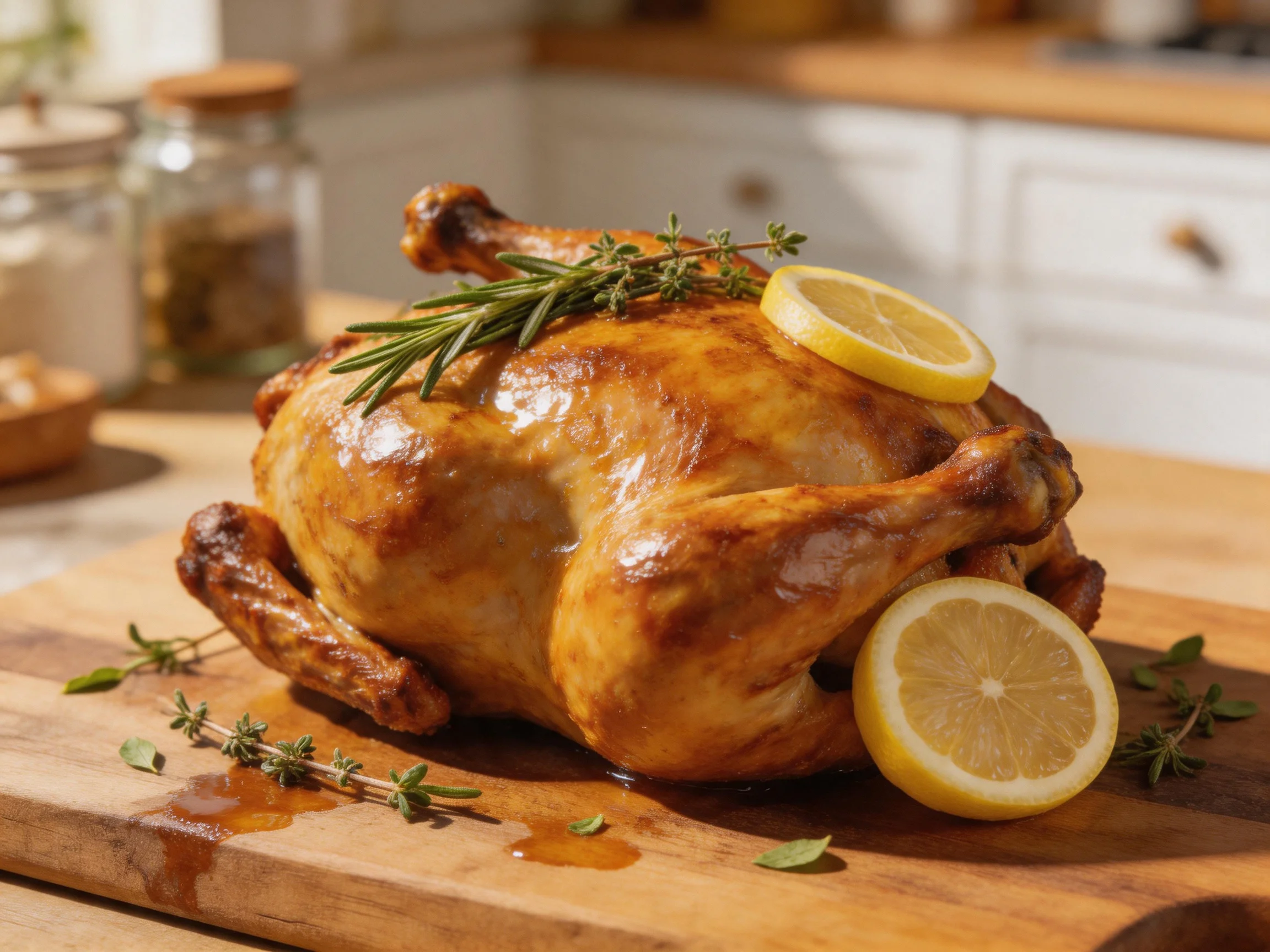 A golden-brown roasted chicken garnished with rosemary, thyme, and lemon slices
