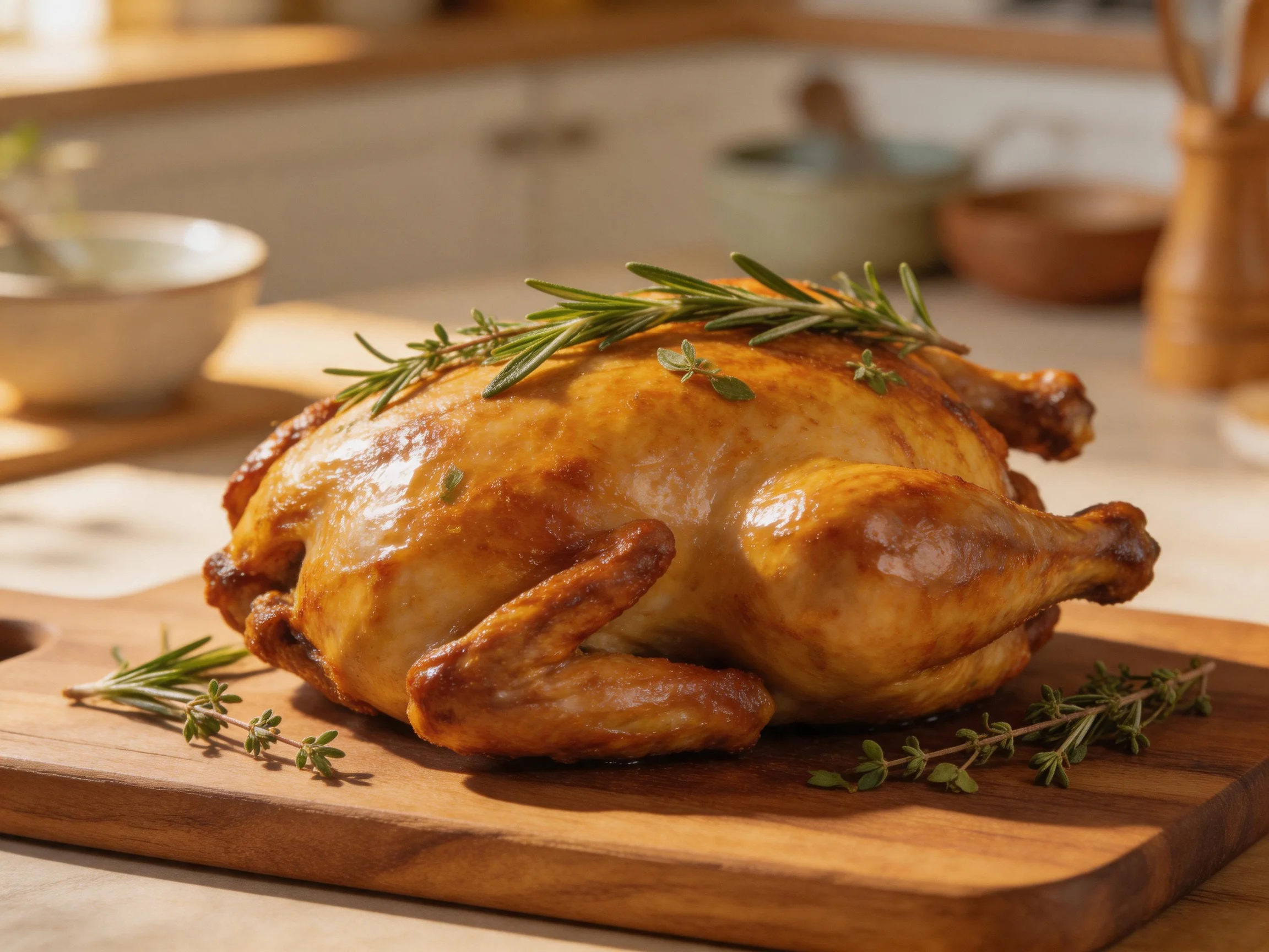 A golden-brown roasted chicken garnishedwith fresh herbs on a wooden cutting board