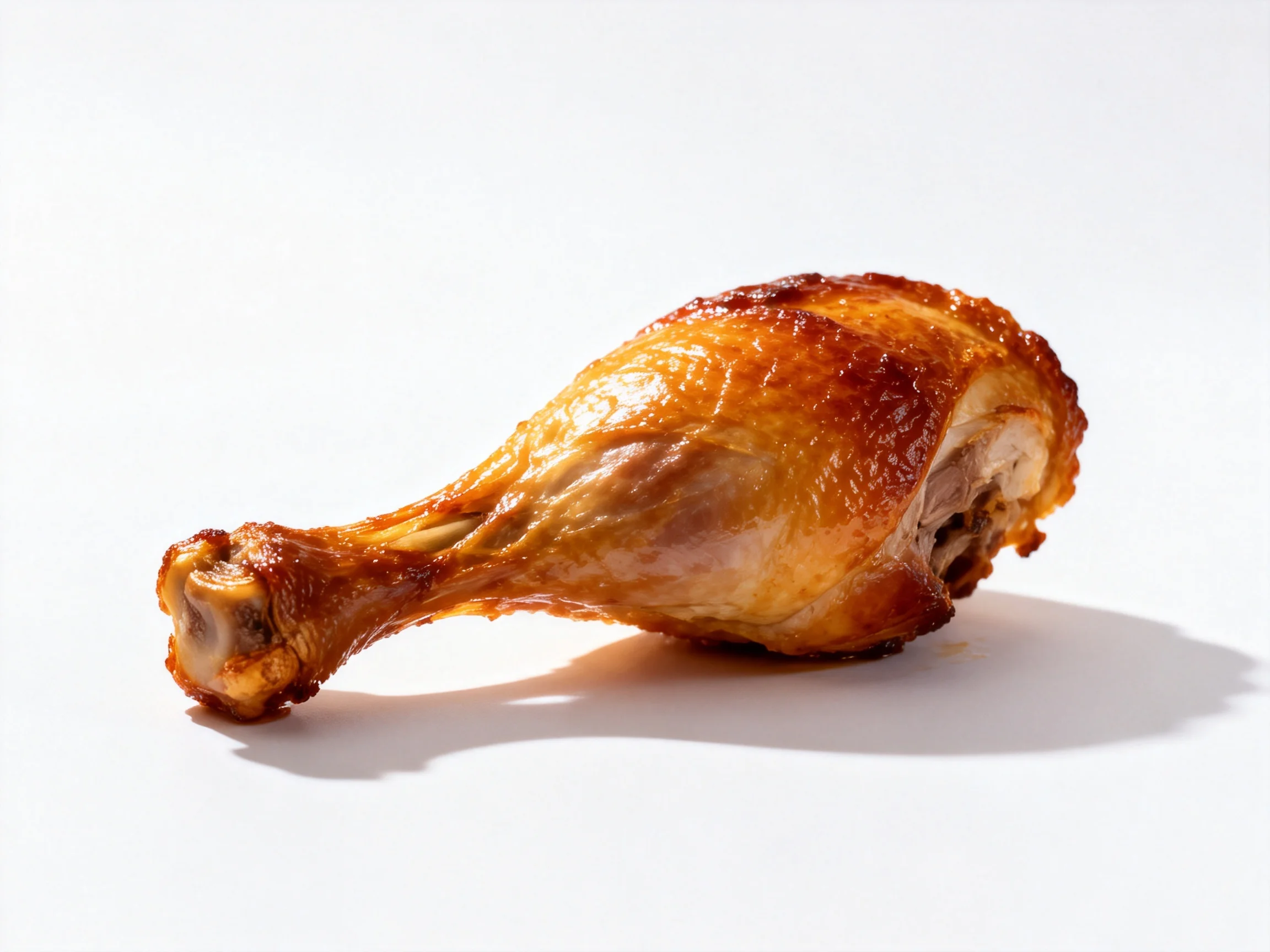 A golden-brown roasted chicken leg is displayed on a white surface