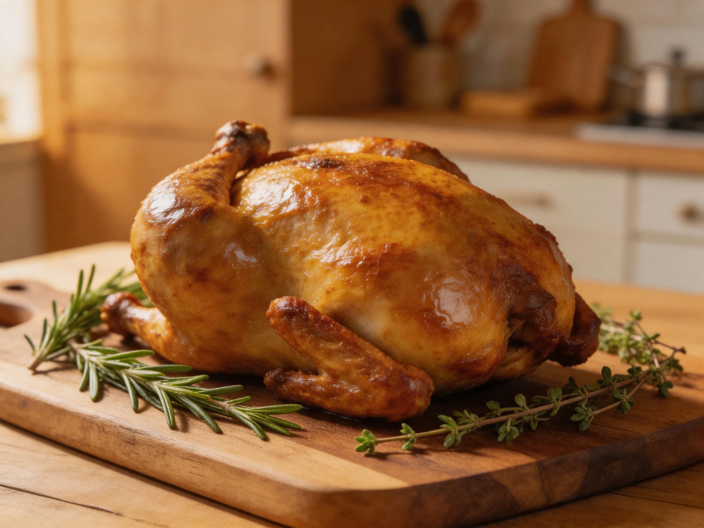 A golden-brown roasted chicken on a wooden cutting board with fresh herbs