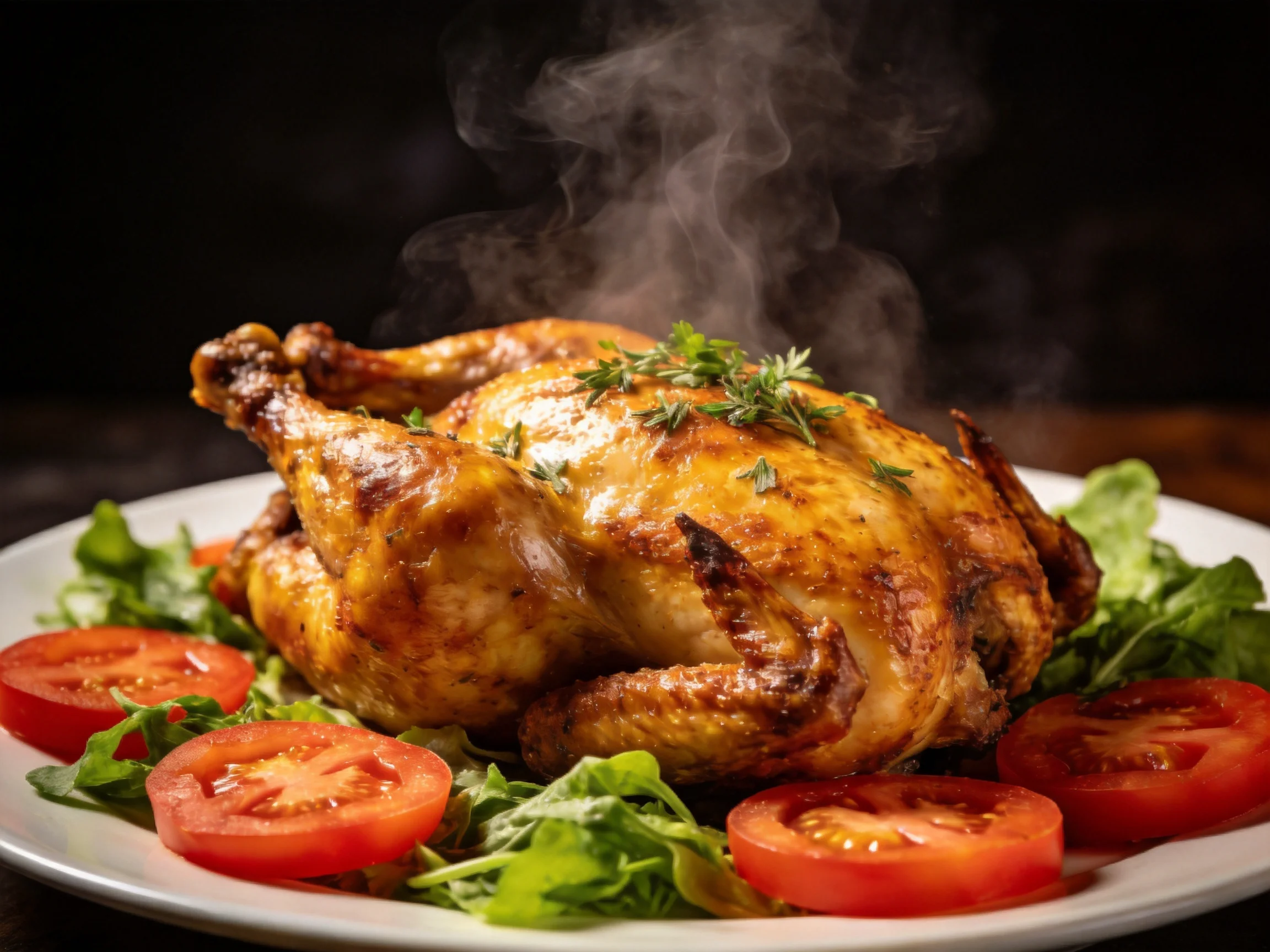 A golden-brown roasted chicken with fresh tomato slices and leafy greens