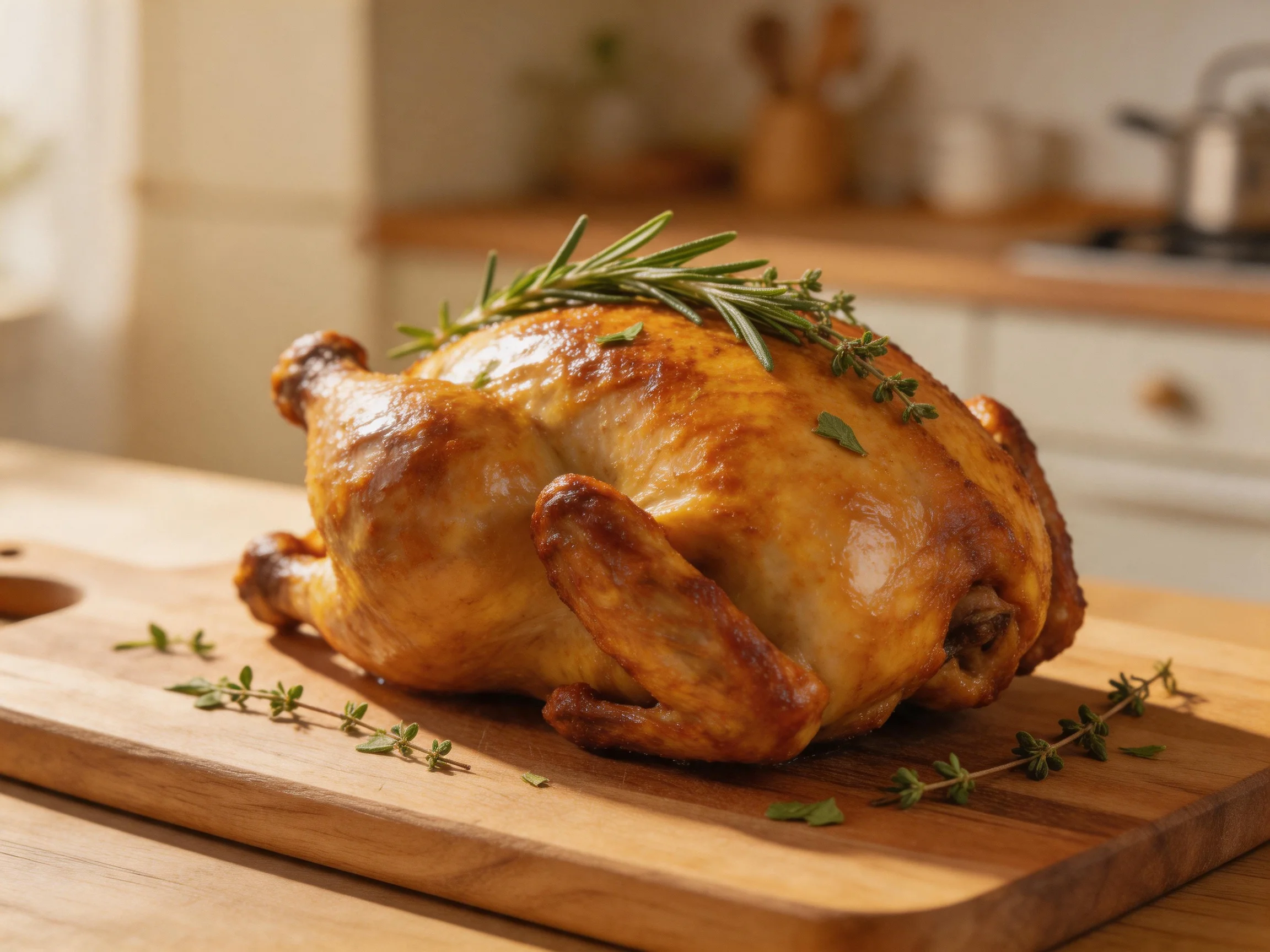 A golden-brown roasted whole chicken garnished with fresh herbs on a wooden cutting board