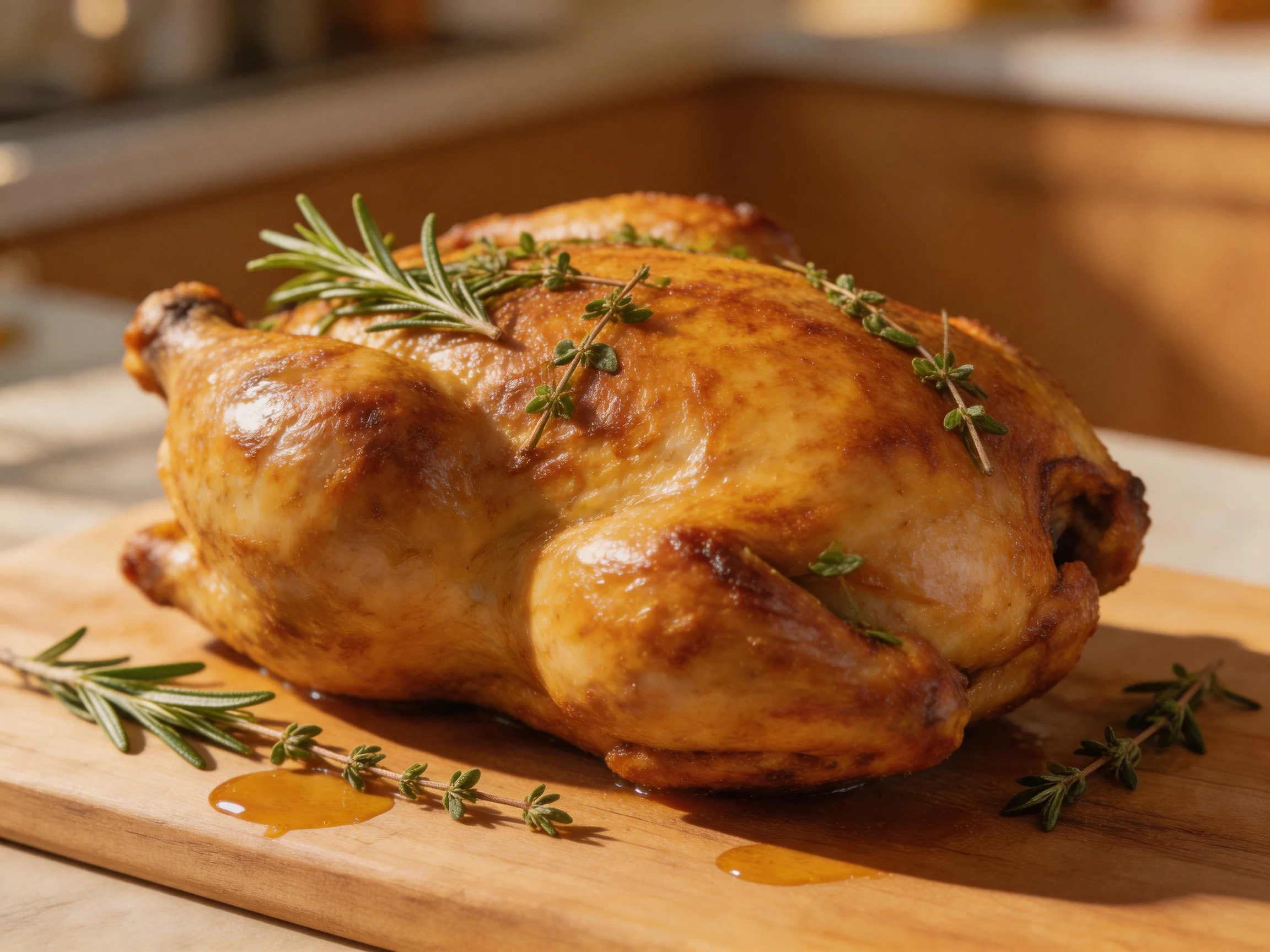 A golden-brown roasted whole chicken garnished with fresh herbs