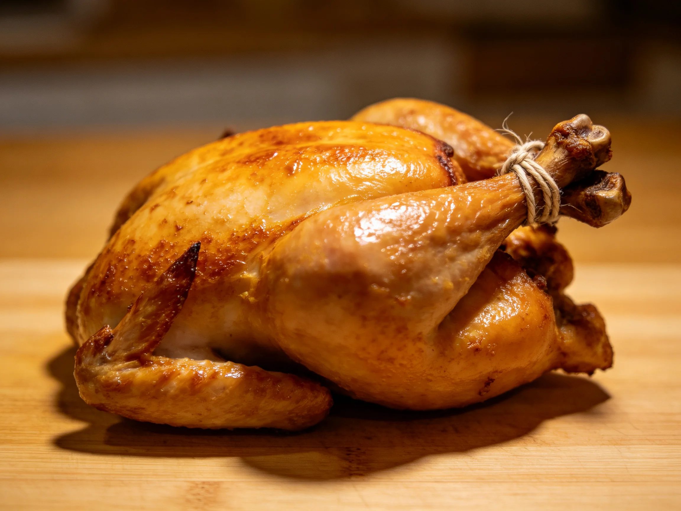 A golden-brown roasted whole chicken tied with twine on a wooden cutting board