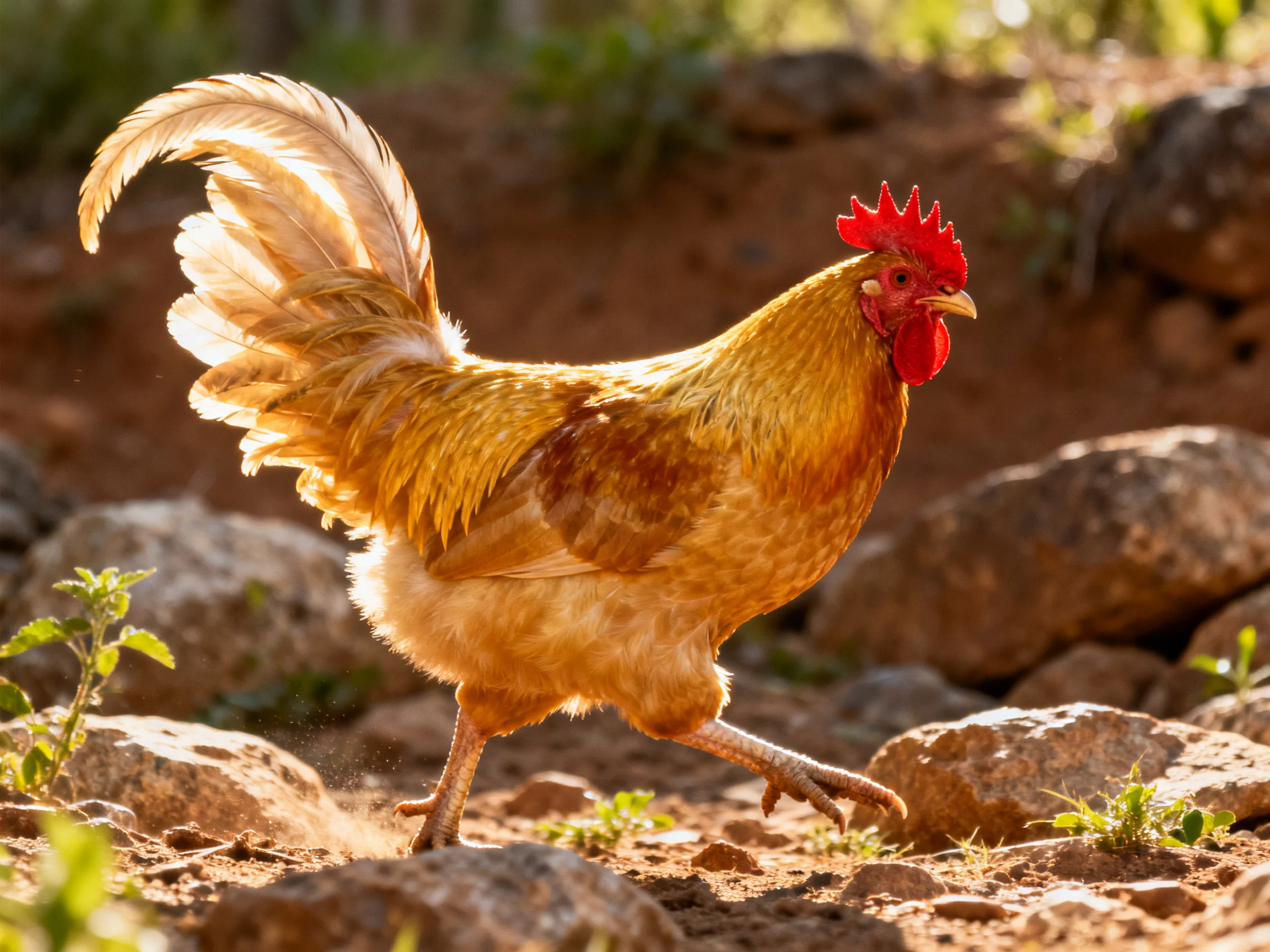 A golden-brown rooster with a bright red comb walks through rocky terrain