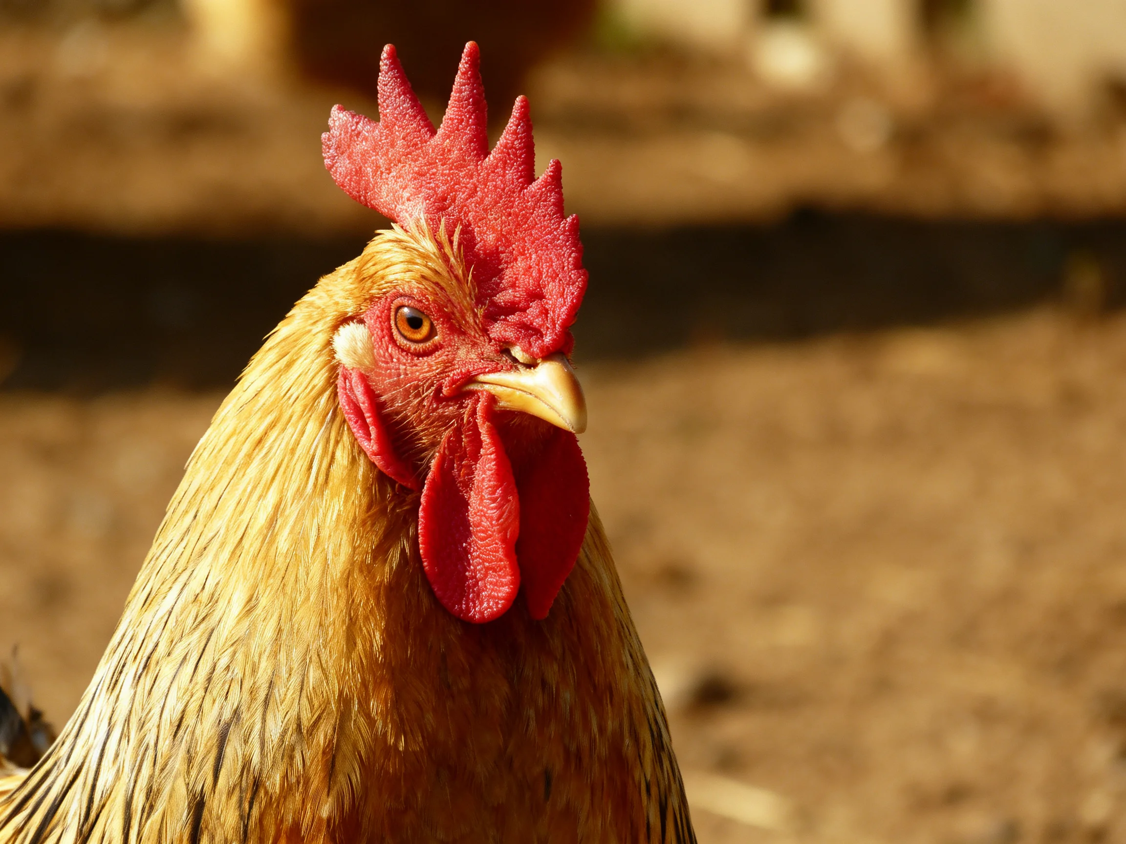 A golden-brown rooster with vibrant red comb and wattle