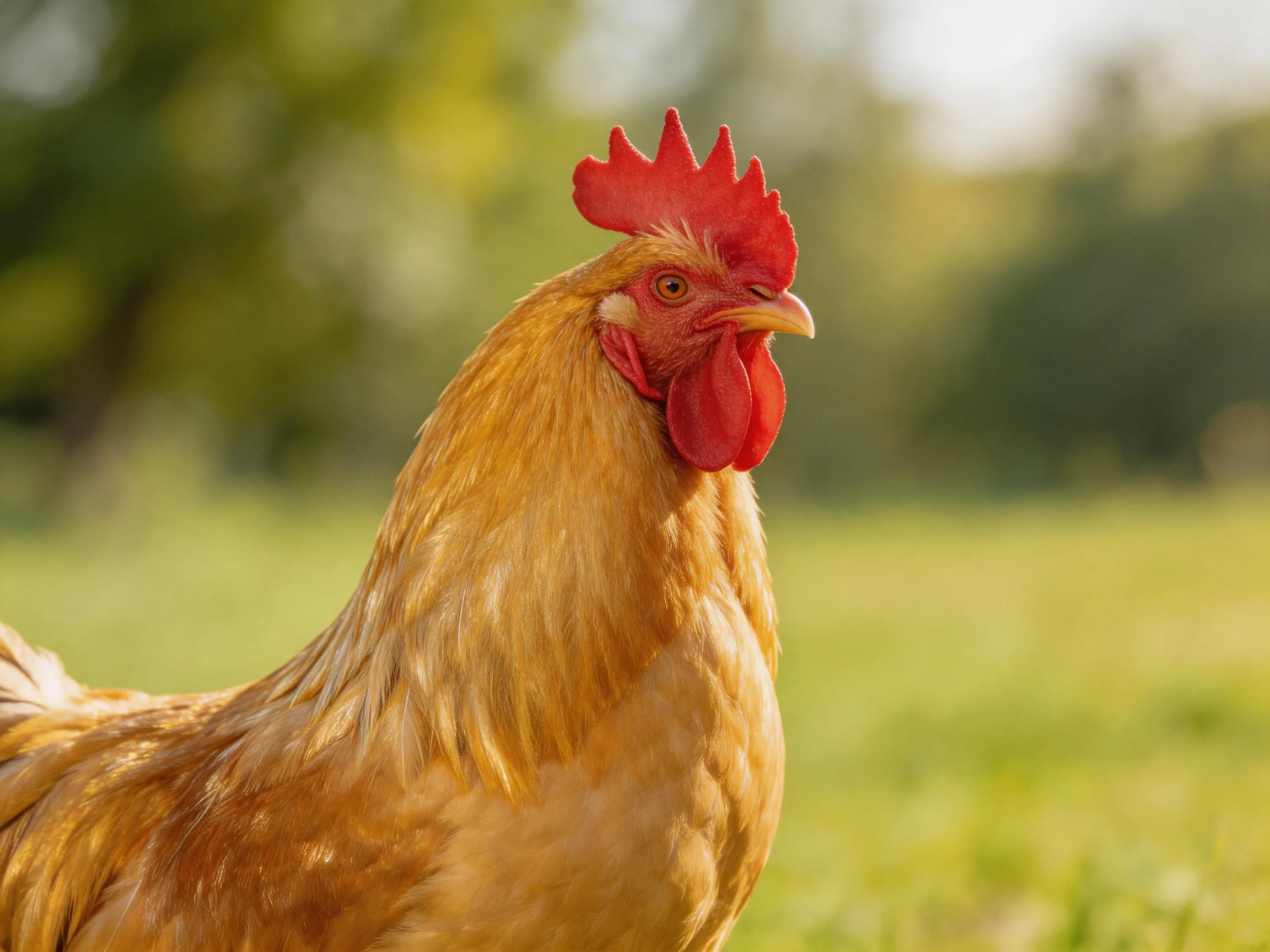 A golden-brown rooster with vibrant red comb standing in a sunlit field