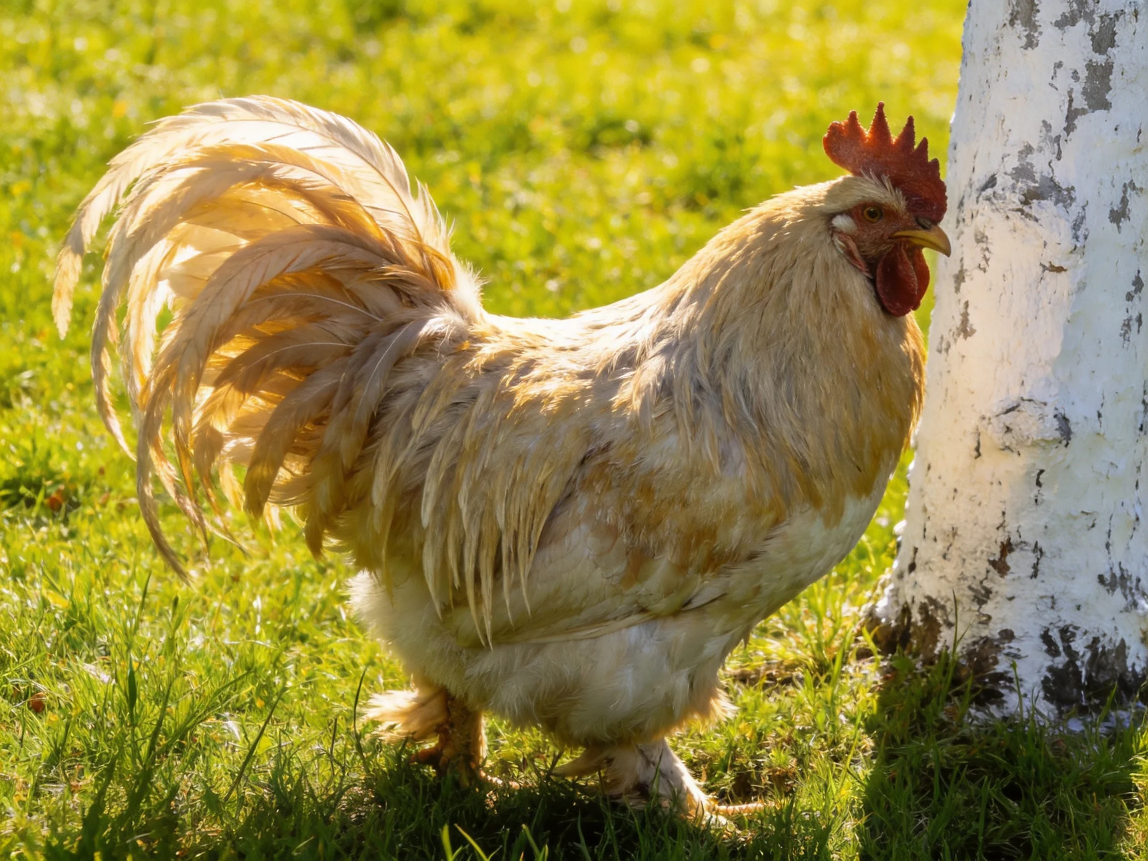 A golden-feathered rooster stands near a white-barked tree in a sunlit grassy area.