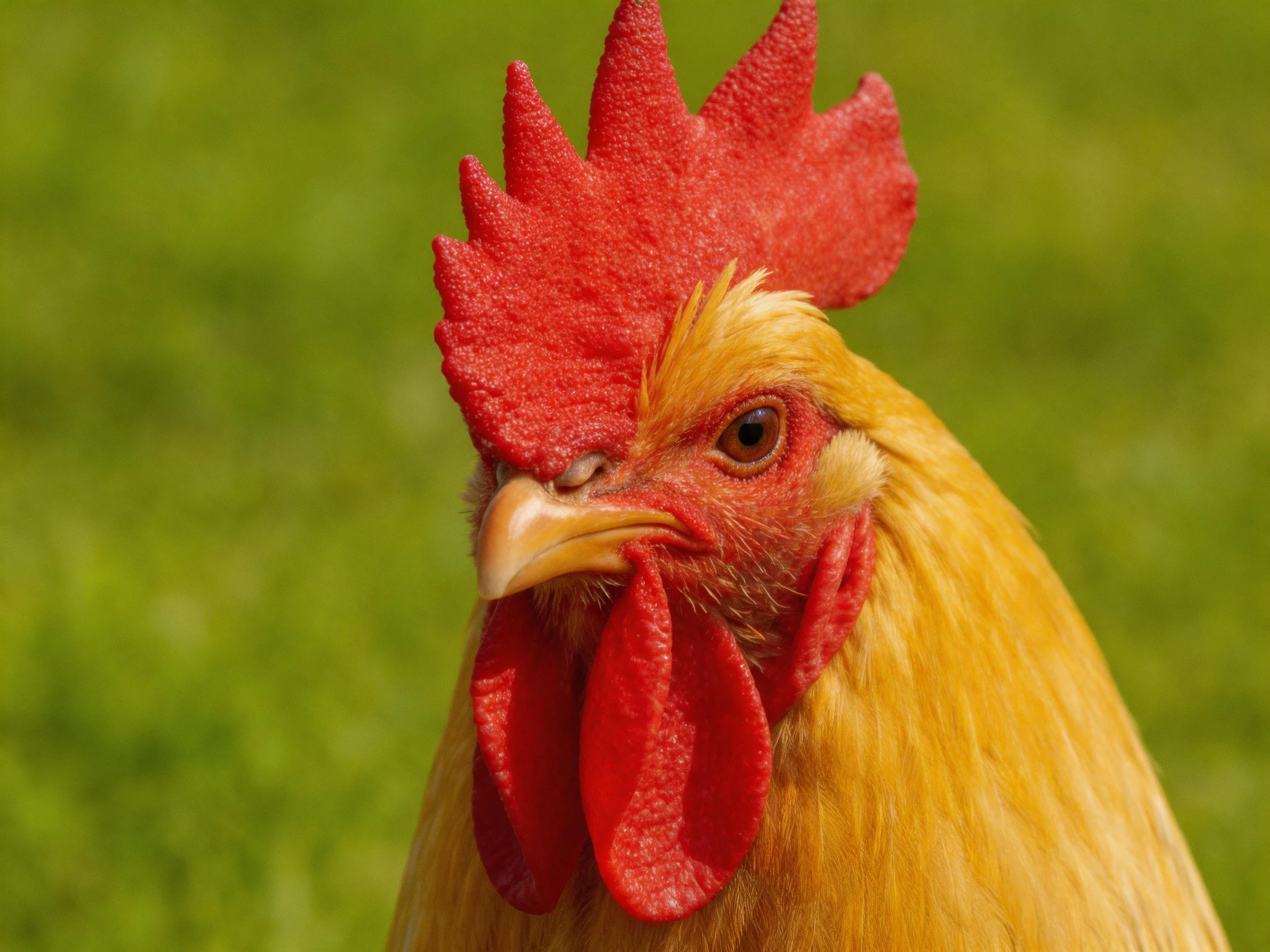 A golden rooster with a bright red comb stands before a blurred green backdrop.
